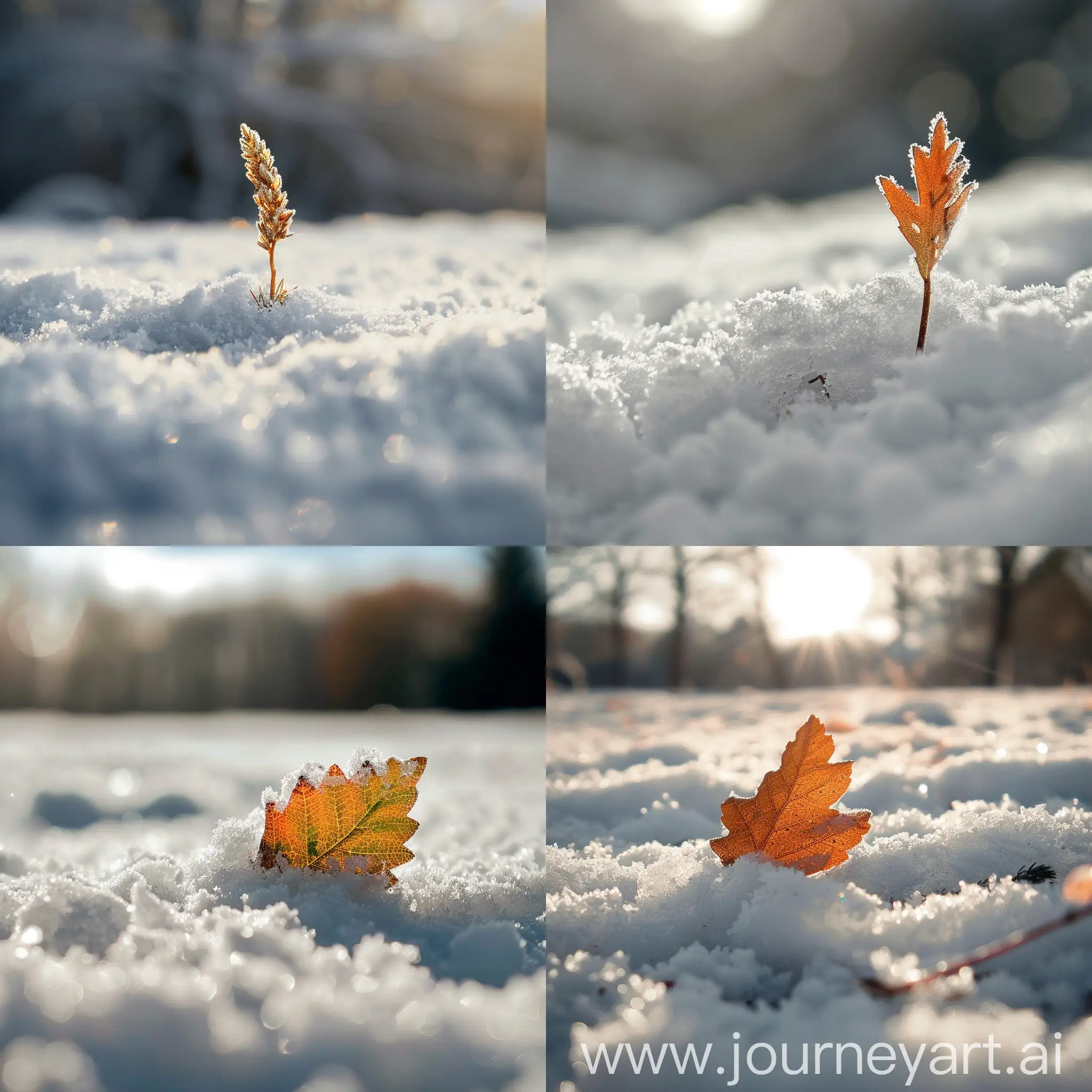 снежная природа с листком вереска, пробивающемся сквозь снег
