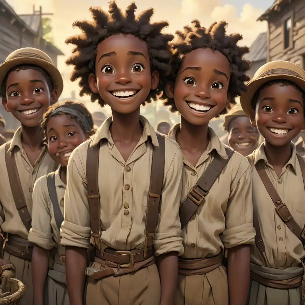 Cartoon style 1900s African American slaves smiling
