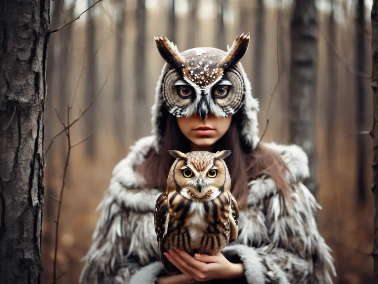 сова с головой русской женщины в русском лесу  фотография в стиле фотоловушка тело птицы голова девушки птица сирин