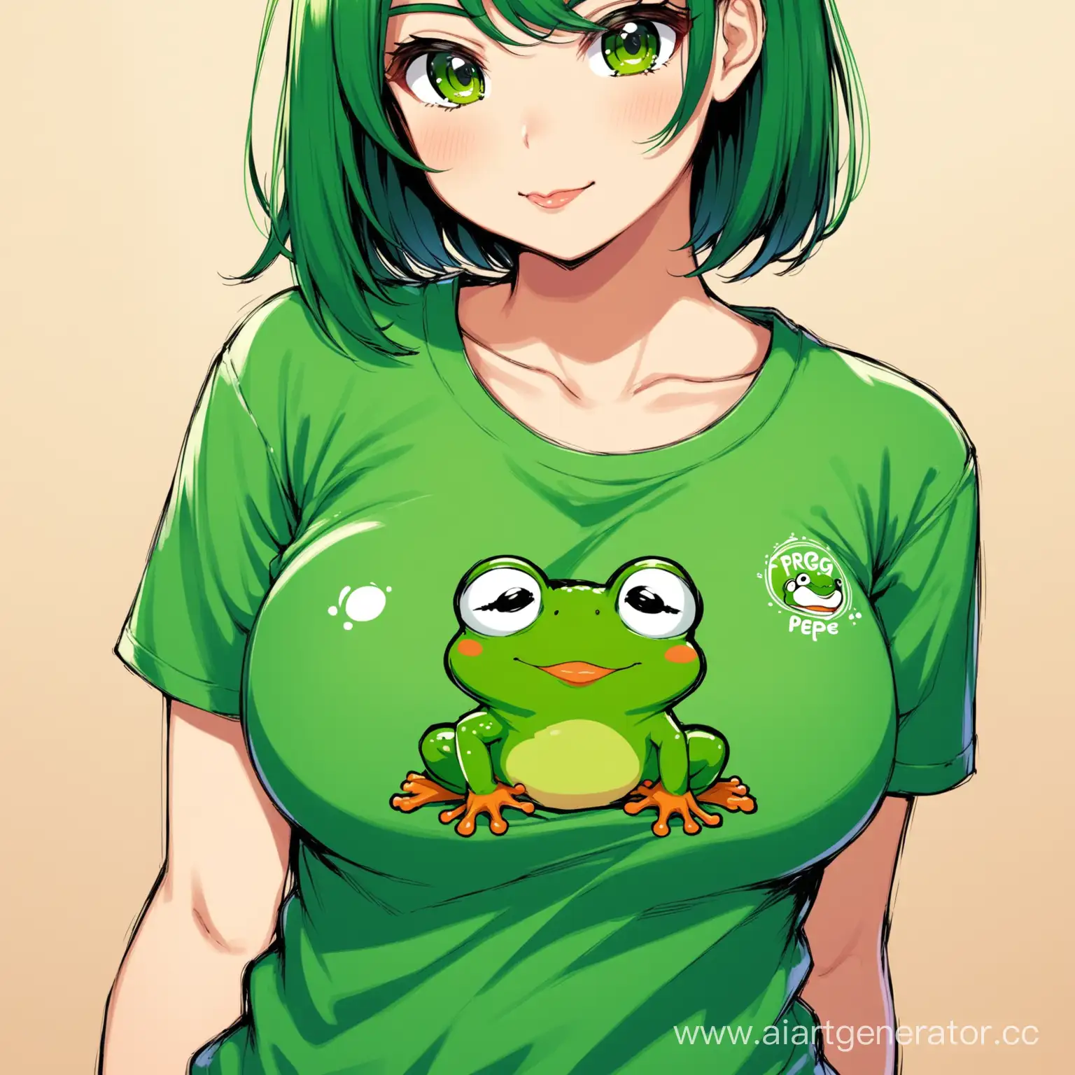 Anime-Girl-with-Pepe-Frog-TShirt-Playful-and-Vibrant-Character-Illustration