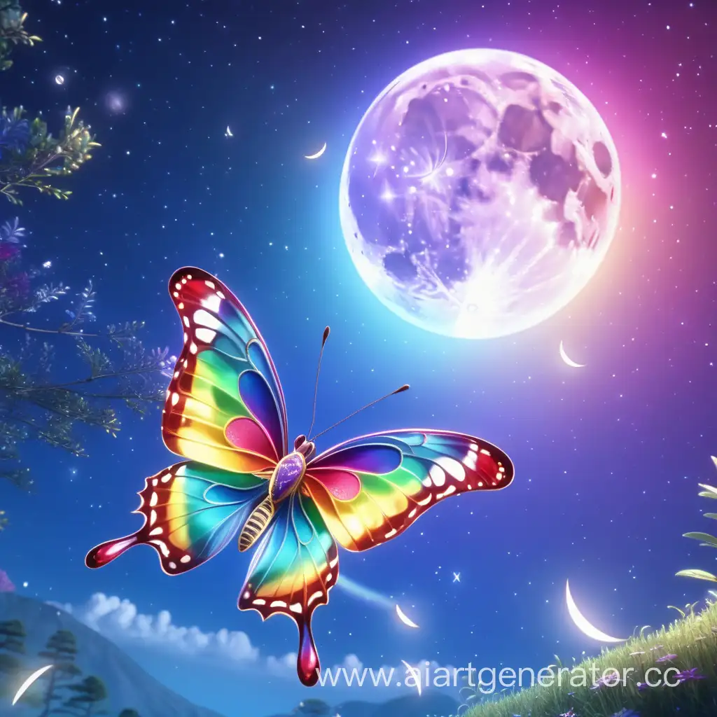 rainbow butterfly flying under shinny moon, anime style, best quality, 4K resolution