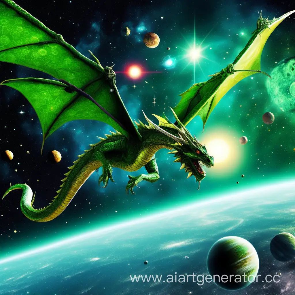 Большой зелёный дракон летит в космосе мимо ярких планет