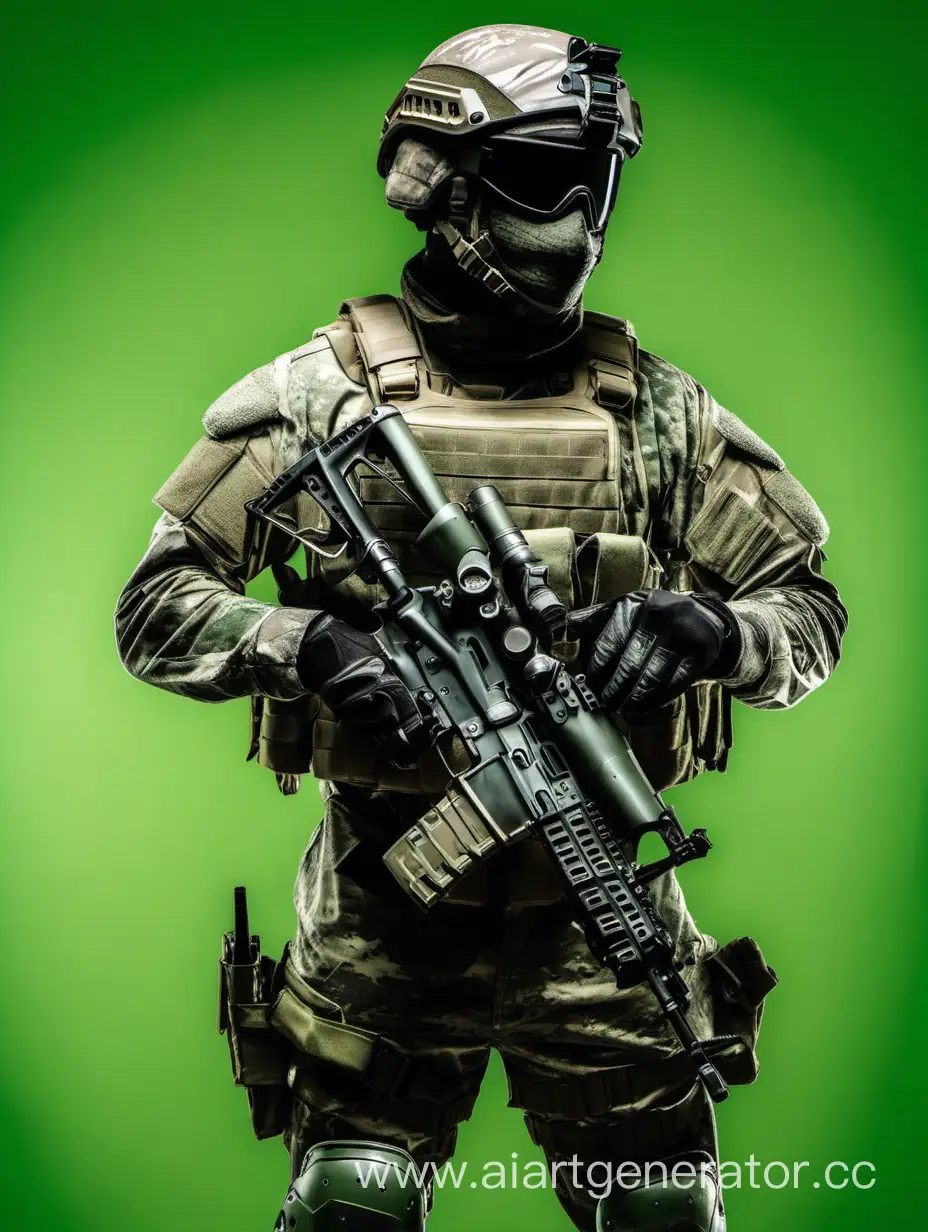 Спецназовец в полном рост со брони шлемом который  стоит на зелёном фоне