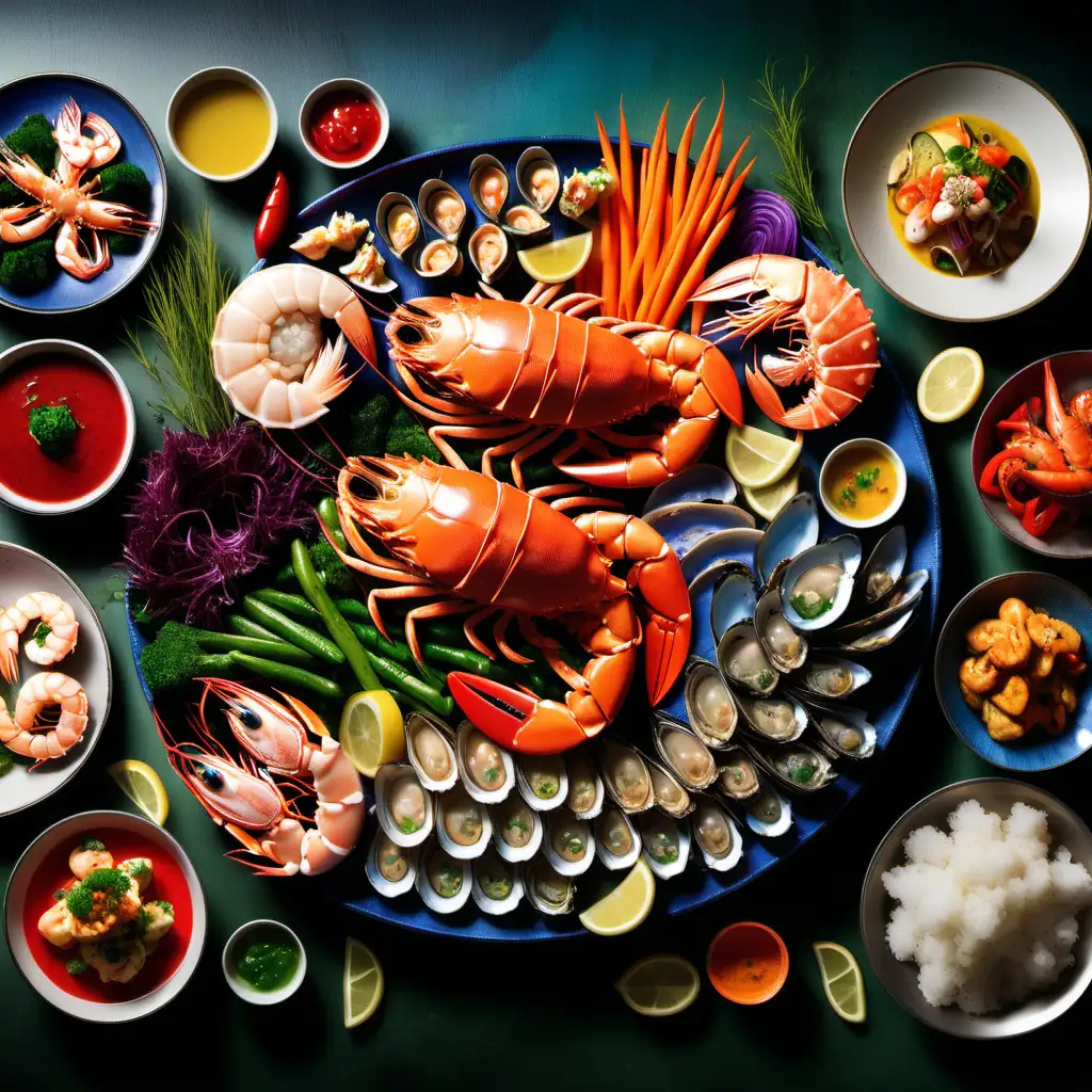 Capture the essence of a seafood feast harmoniously combined with vibrant vegetables and exotic colors
