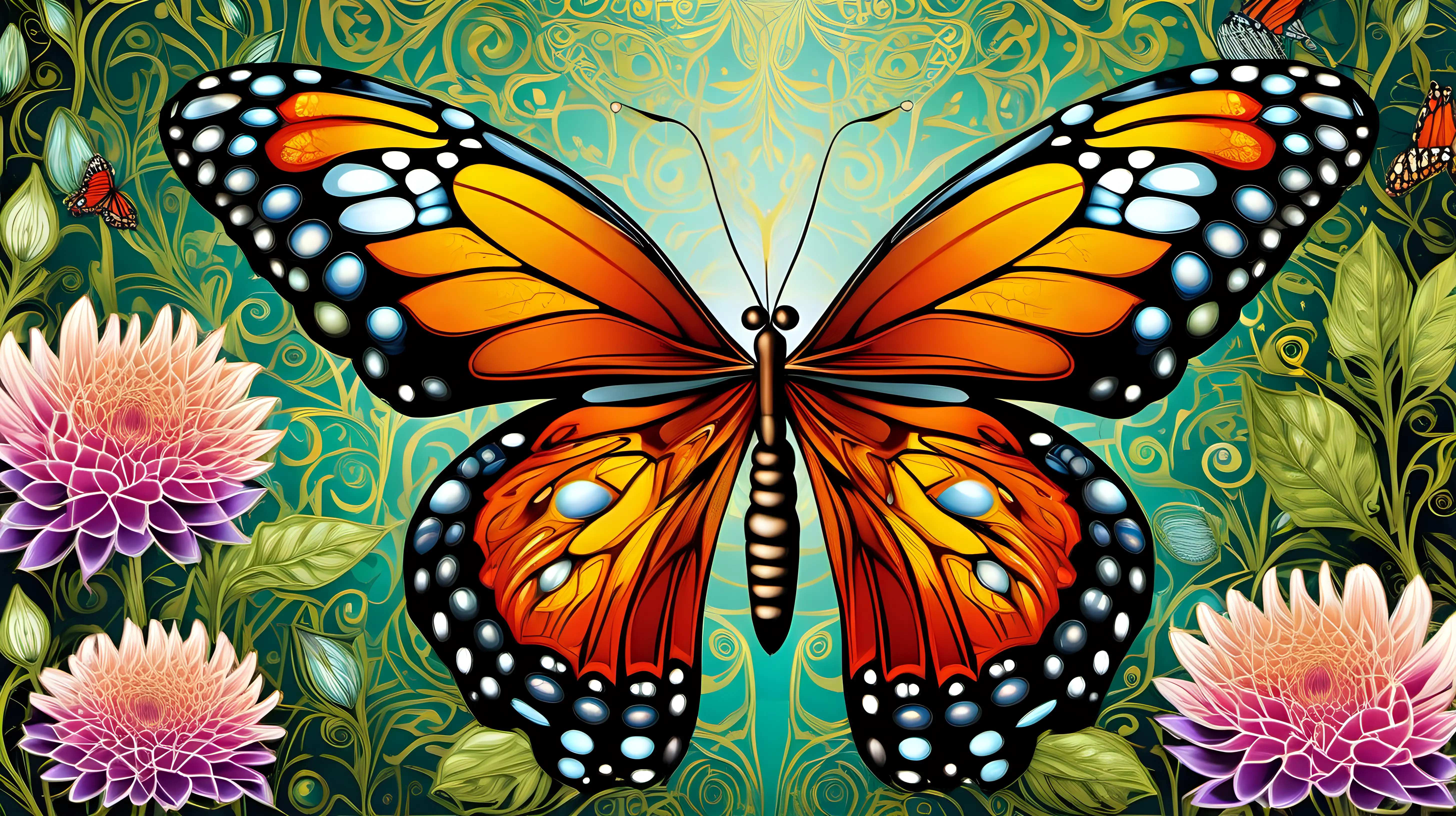 Create a breathtakingly detailed abstract image of a butterfly that showcases its intricate patterns, vibrant colors, and delicate wings. Pay close attention to the fine details of its antennae, body, and wing veins. Capture the butterfly in a natural setting, surrounded by lush foliage or blooming flowers, to emphasize its natural beauty and grace. Your goal is to produce an image that exudes the wonder and elegance of these magnificent insects."