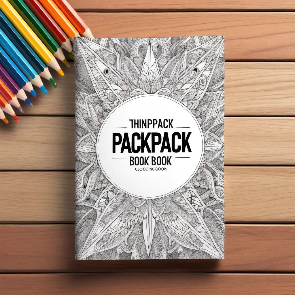 product mockup image of a thin paperback coloring book cover, coloring pencils at the side, on a wood desk, view from above