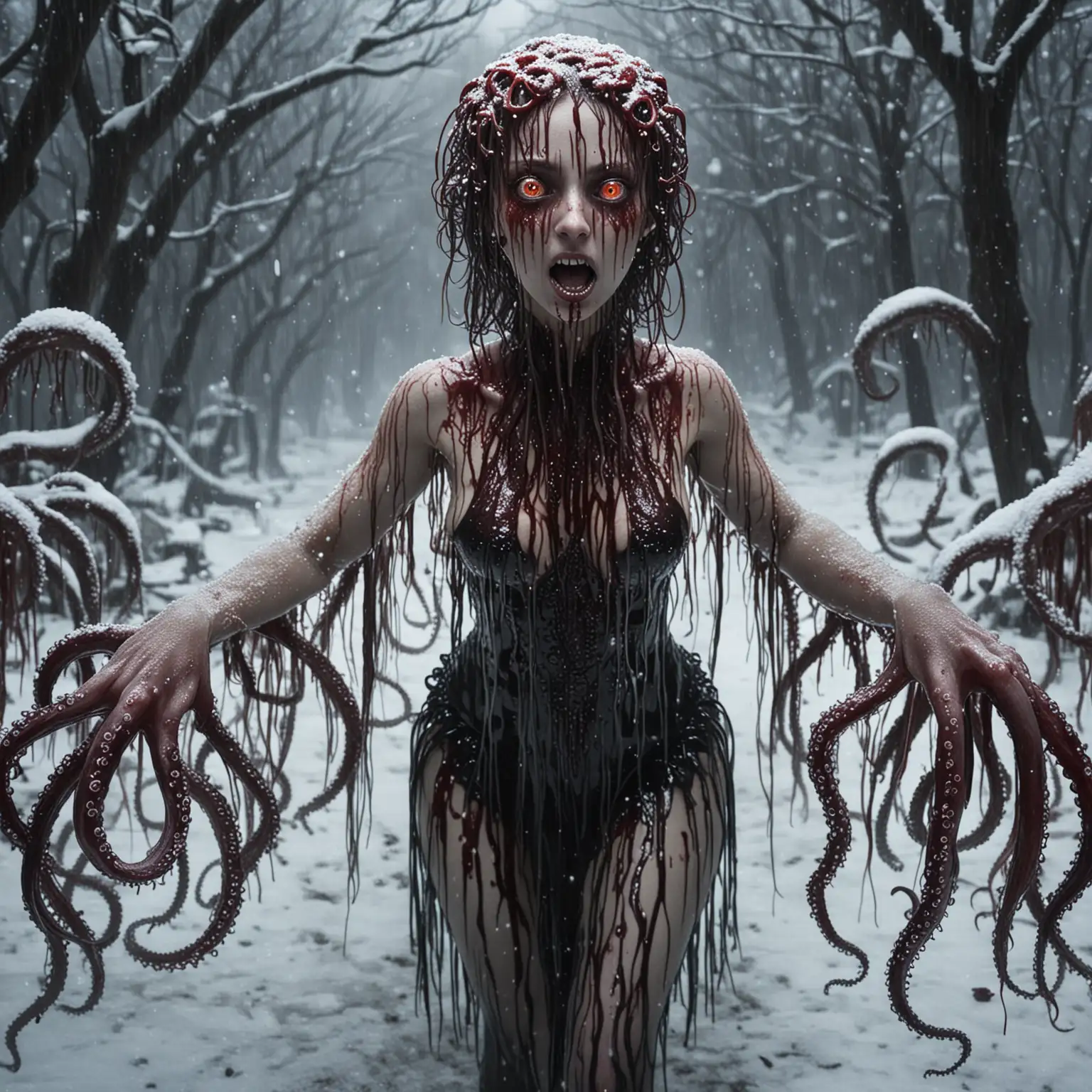 Balarina, Slimy tentacles, thick,scary, dark, horror, penis, stringy, glowing eyes, spewing blood vile vomit, snow,  balarina 