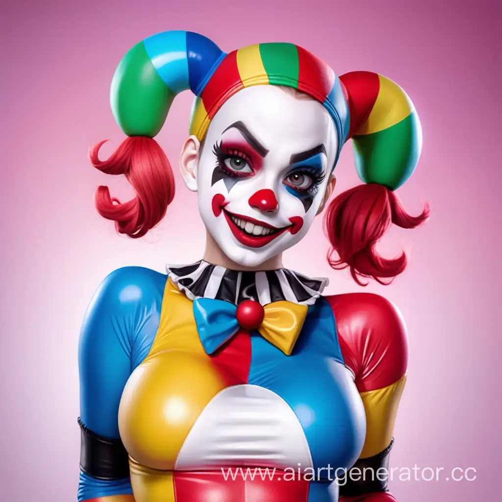 Обнаженная латексная девушка в образе куклы харли квин в обтягивающем резиновом радужном костюме клоуна. С белым латексным лицом в  С большим красным резиновым носом клоуна. Изображение сделать в милой мультяшной стилистике