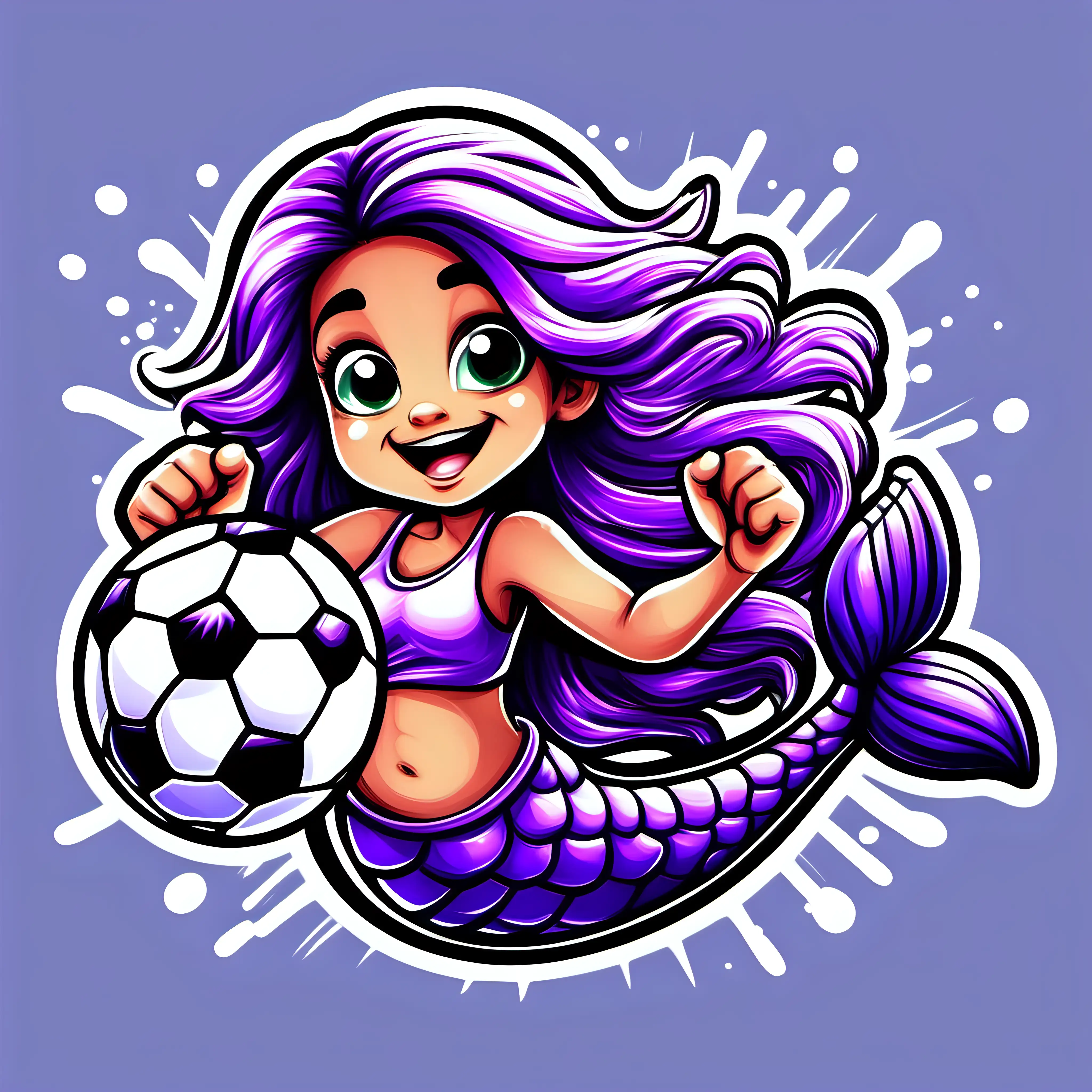 cartoon style, purple happy mermaid, kid, fists, soccer, transparent background