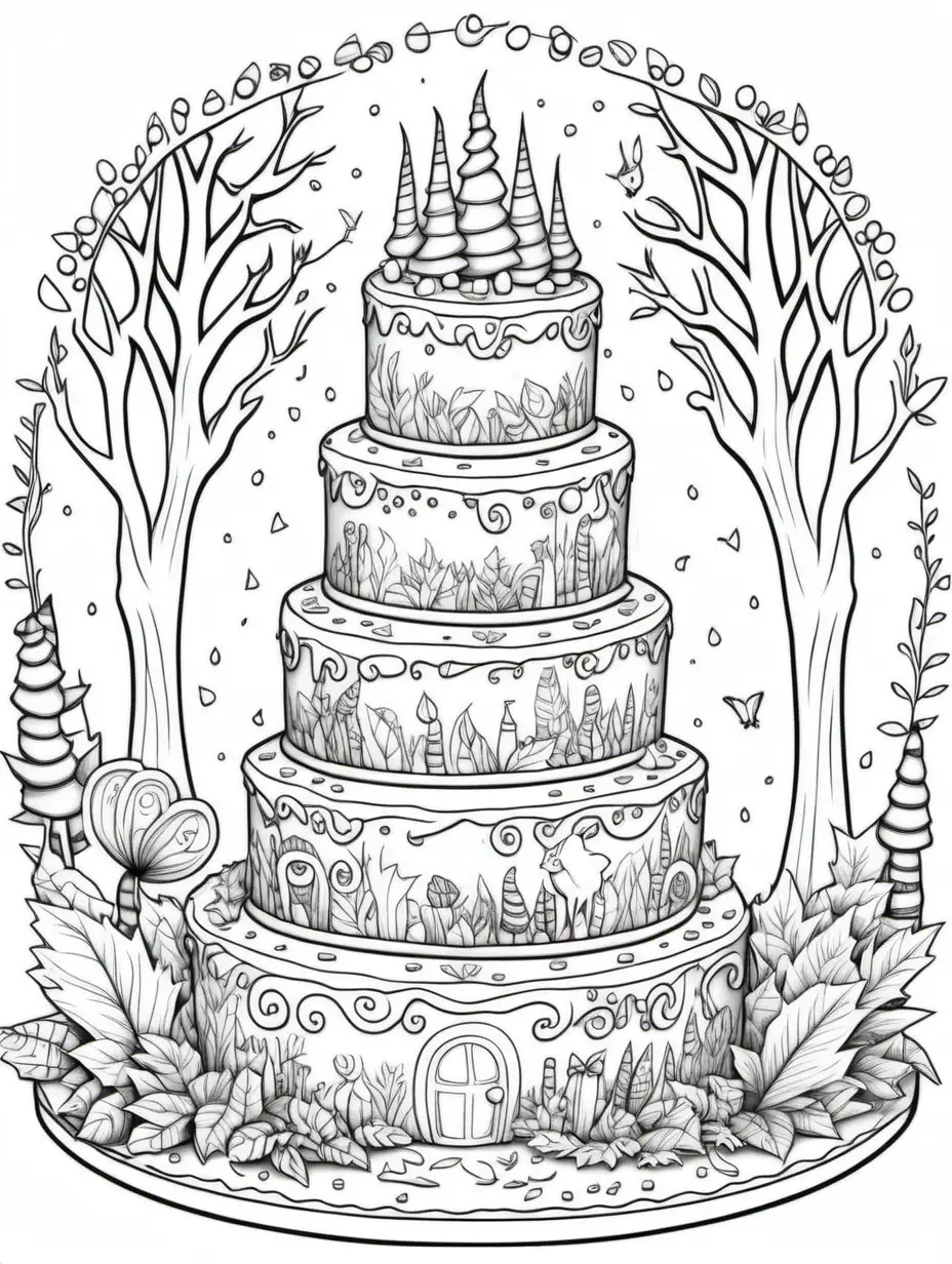 Magical Woodland Cake Coloring Page with Black Outline on White Background