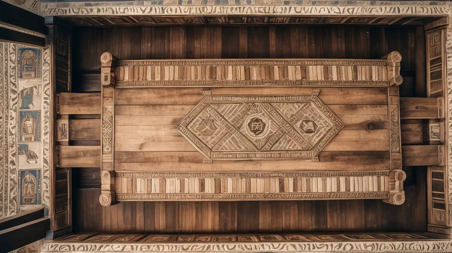 epoque biblique, table en bois centrale de synagogue, vue de haut