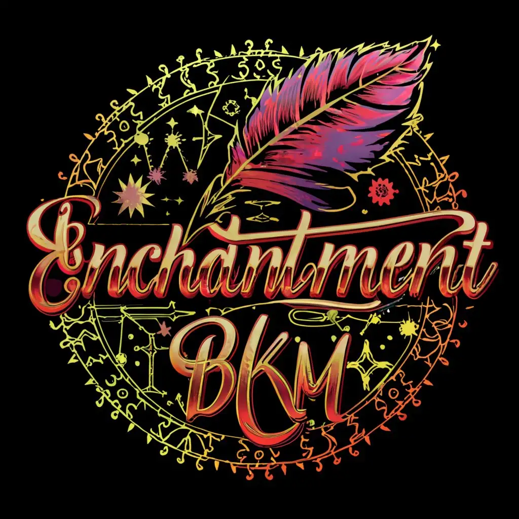 a logo design, with the text 'Enchantment with BKM', main symbol: red feather, complex, to be used in Entertainment industry, clear background, cosmic, red text with purple shadow, astrological wheel and symbols