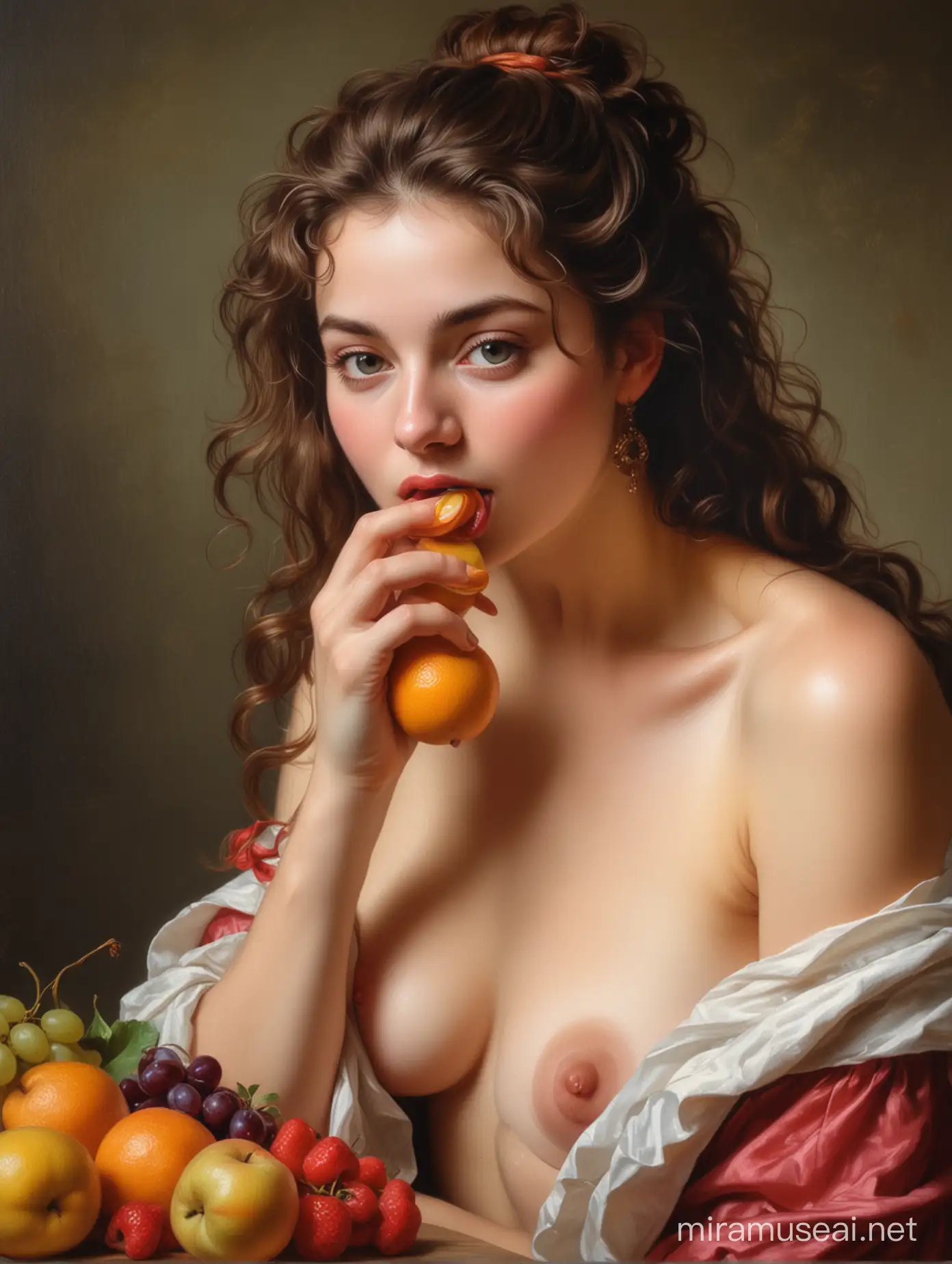 Nude oil painting of a young stunningly beautiful woman eating fruit. In the style of Elisabeth Vigee Le Brun.