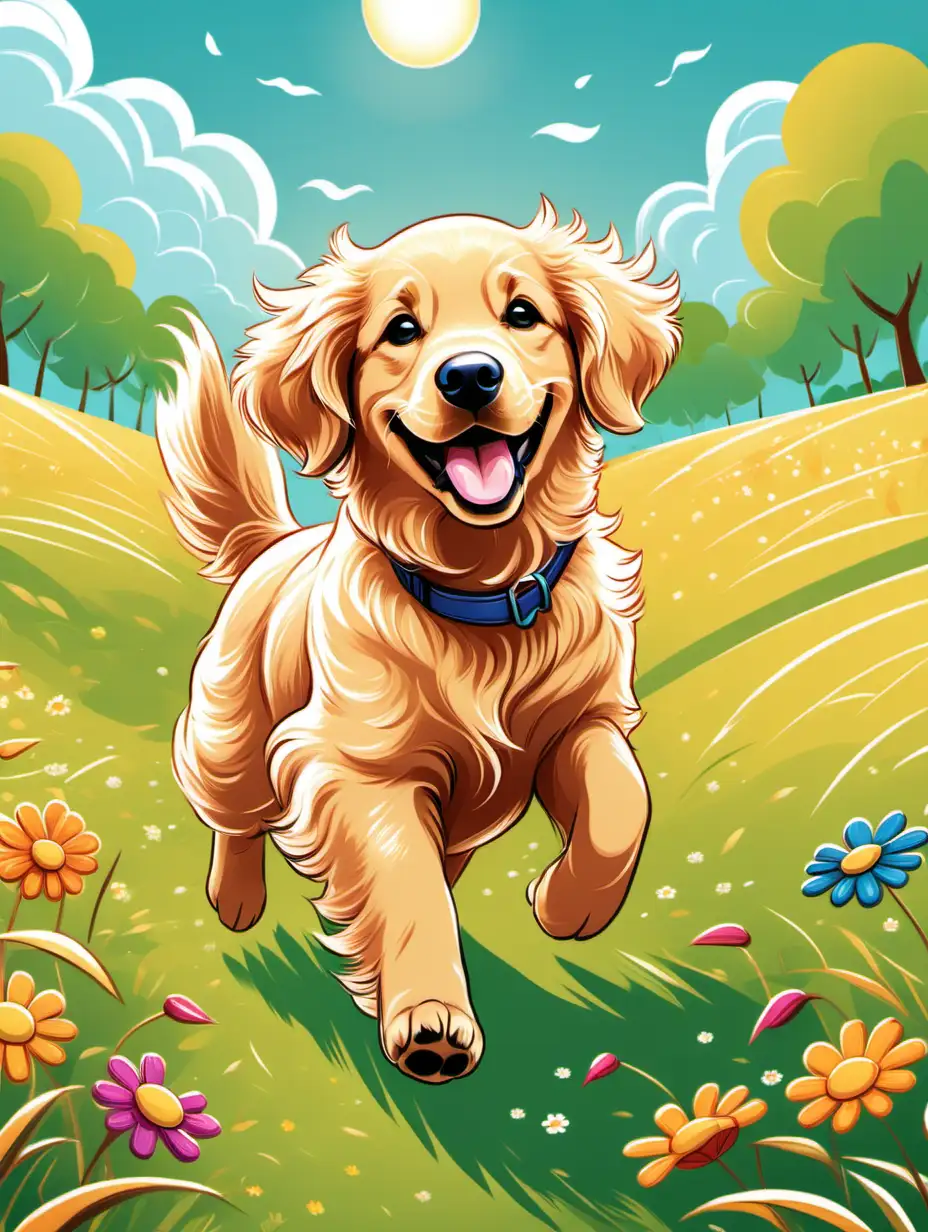 Create a kids illustration ,  cute puppy,golden retriever,  in a playful stride, cartoon style, thick lines, low detail, sunlit grassy field, flowers,background,vivid colour,colouring page