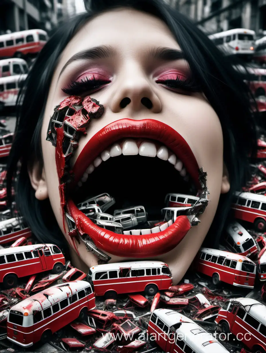 photo of a open emo girl's mouth, red lips, a huge amount of wrecked tiny buses are depicted inside her mouth, buses are placed right down inside mouth on her teeth and tongue, buses are wrecked, crushed, destroyed, blood