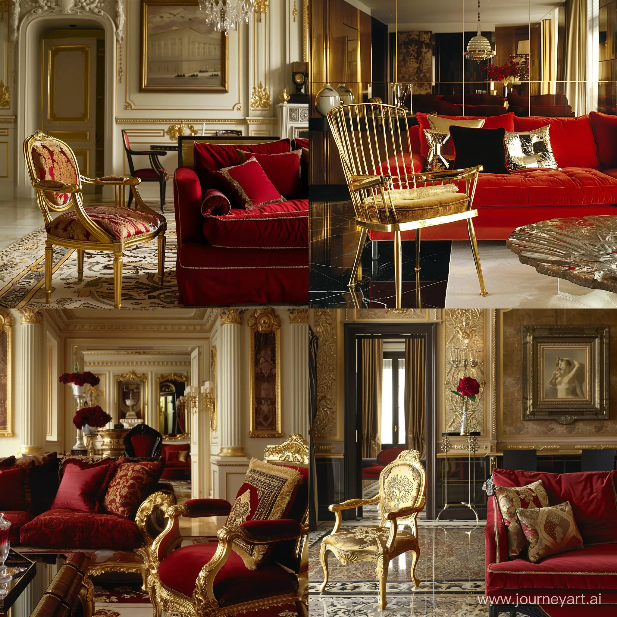 home design furniture living room with gold chair and red sofa
