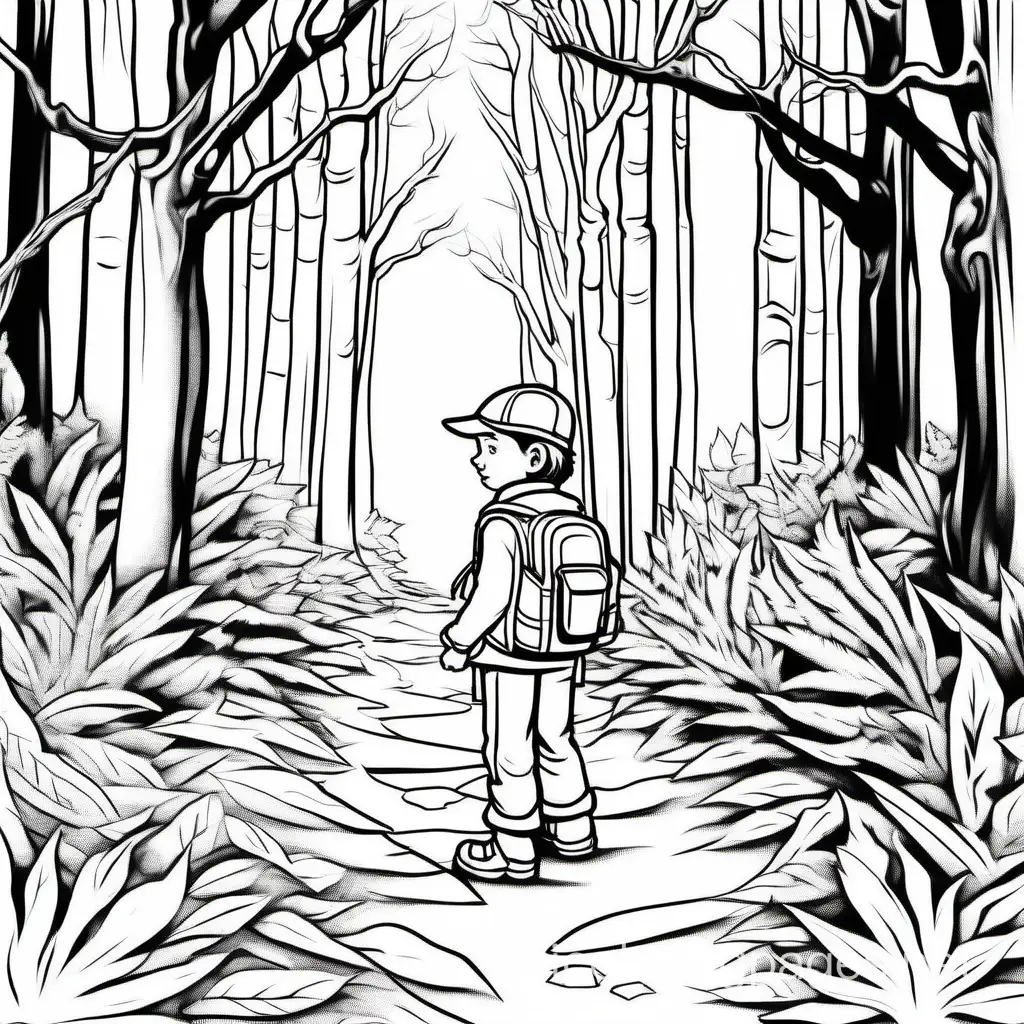 Entrance to the Woods: The young explorer at the forest edge, path leading in., Coloring Page, black and white, line art, white background, Simplicity, Ample White Space. The background of the coloring page is plain white to make it easy for young children to color within the lines. The outlines of all the subjects are easy to distinguish, making it simple for kids to color without too much difficulty