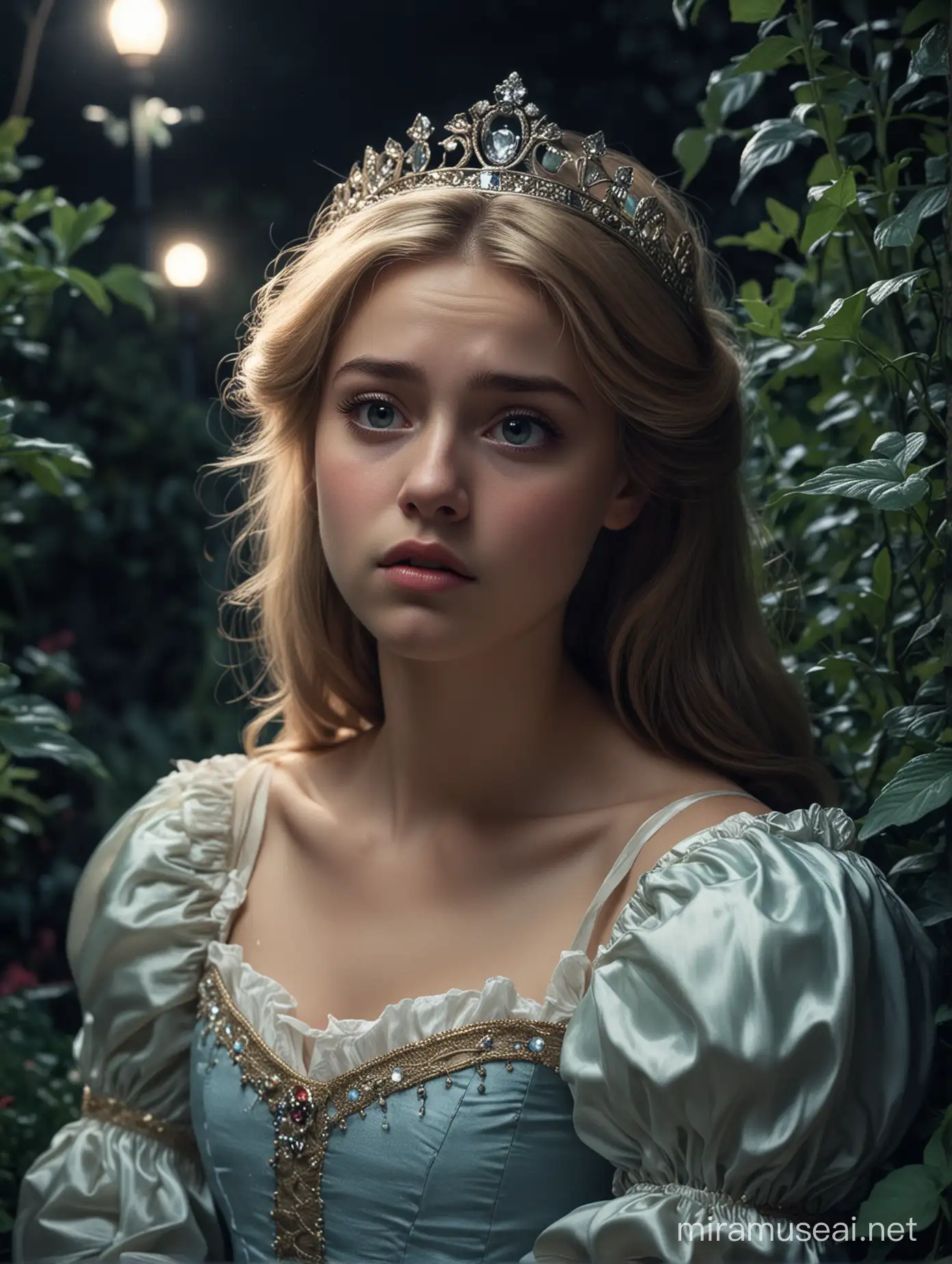 A weak beautiful princess laying in a garden at night, looking confused.