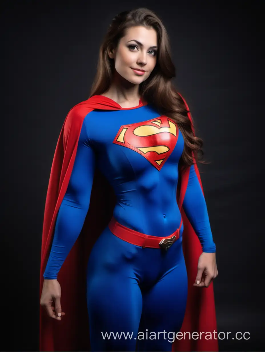 A pretty woman with brown hair, age 26. She is happy and confident and strong. She is extremely fit and muscular. Her arm muscles are over overdeveloped. Her leg muscles are over overdeveloped. Her chest muscles are over overdeveloped. Her abdominal muscles are over overdeveloped. She is wearing a Superman costume with (blue leggings), blue long sleeves, red briefs, and a long flowing cape. She is posed like a superhero, strong and powerful. Enormous muscles expand beneath her costume. 
Bright photo studio.