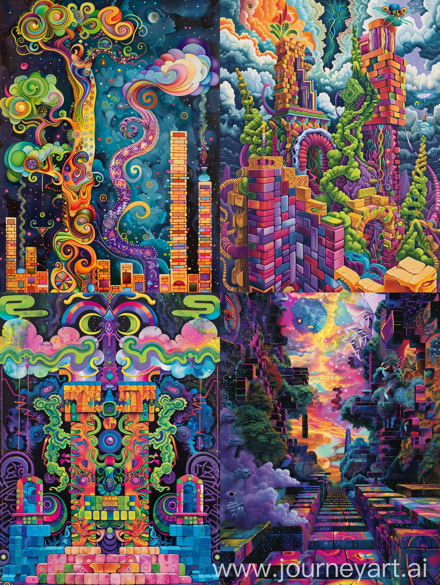 Psychedelic dmt abstract visionary with cloud creatures tress both side geometry shapes abstract bricks with vibrant abstract colors 