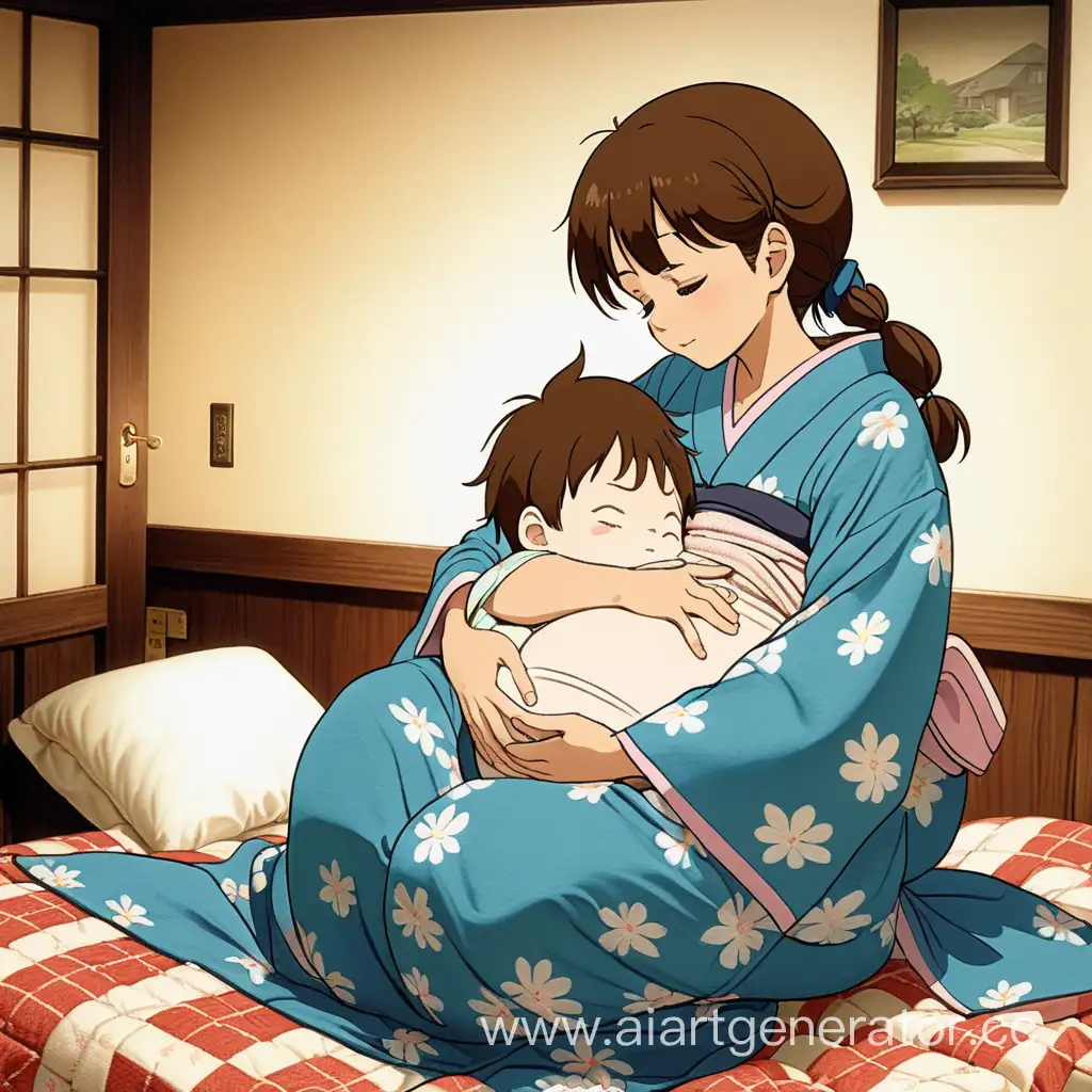 (ghibli anime) yukata pregnant mother (in quilt) hurting and little son hugging his mommy's big tummy in (home birth)