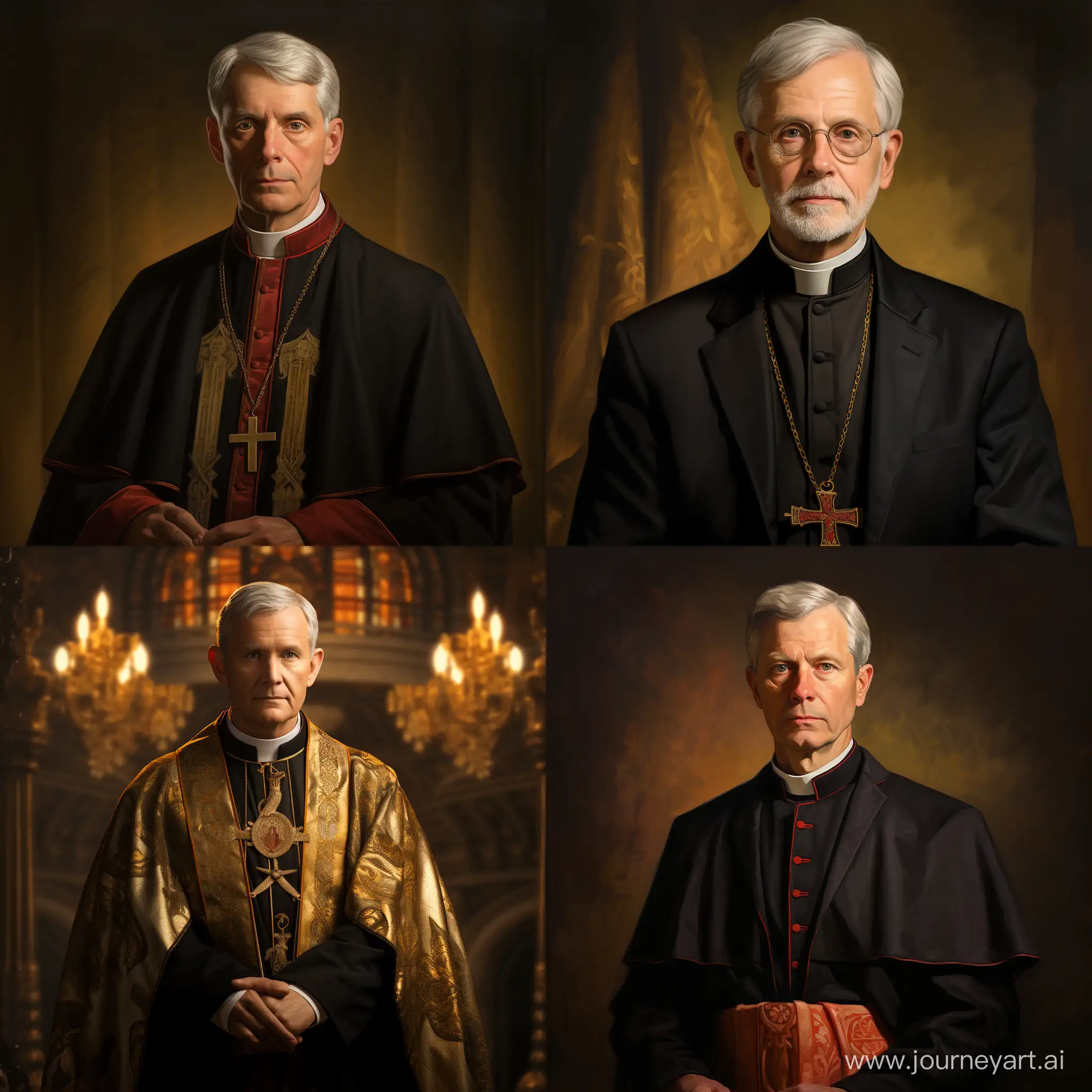 Subject: In this AI-generated image, the central figure is a silver-haired young bishop, exuding an air of sophistication and authority. The individual is prominently featured, serving as the focal point of the composition. Setting: The bishop is captured in a 1:1 aspect ratio, providing a balanced and visually appealing frame. The background complements the subject, ensuring that the character's unique attire stands out against a subtle backdrop. Style/Coloring: The style is detailed and realistic, showcasing the intricate design of the bishop's ecclesiastical garments. The color palette is rich, with a focus on the vibrant purple velvet skirt that adds a touch of regality and individuality to the ensemble. Action or Items: The bishop is not engaged in any specific action, allowing the viewer to appreciate the detailed attire. The absence of specific items emphasizes the character's presence and attire. Costume or Appearance: The bishop's attire is a blend of traditional ecclesiastical garments and a modern twist with the unconventional purple velvet skirt, creating a visually striking and memorable look. Accessories: Apart from the traditional bishop attire, no additional accessories are present, emphasizing the uniqueness of the purple velvet skirt.