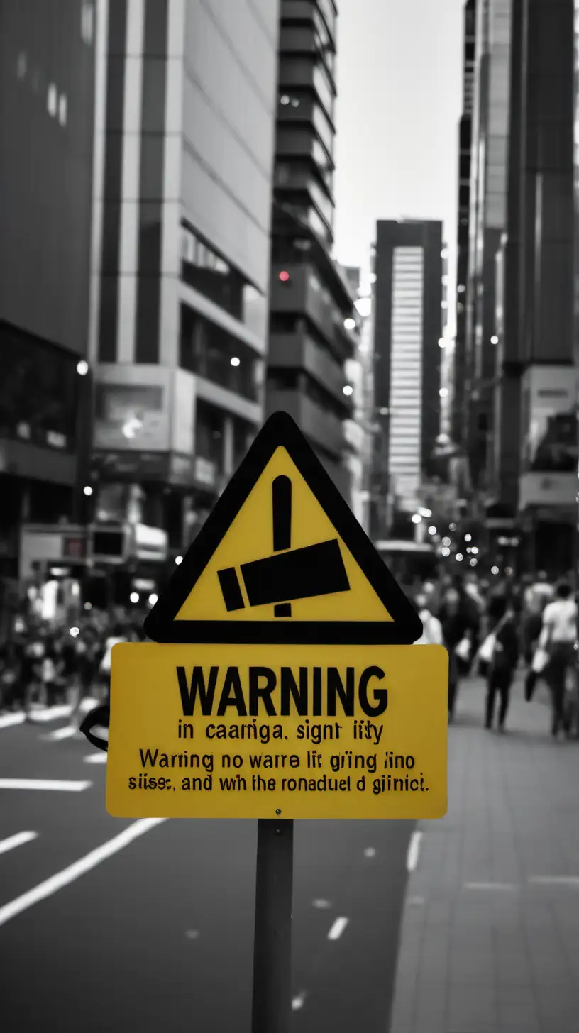 A warning sign, in a busy city 