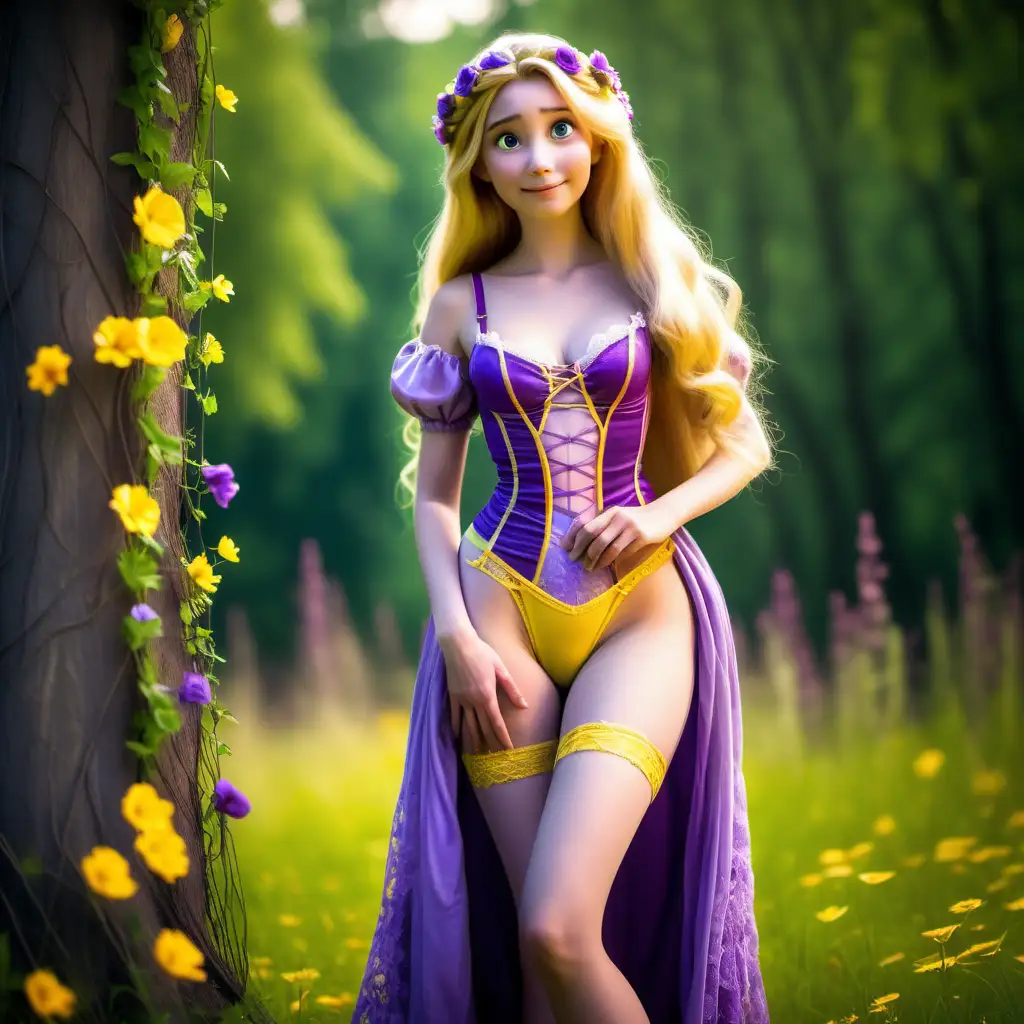 Life-like Rapunzel from tangled, strappy purple with yellow details lace lingerie, green flowery meadow with trees in background