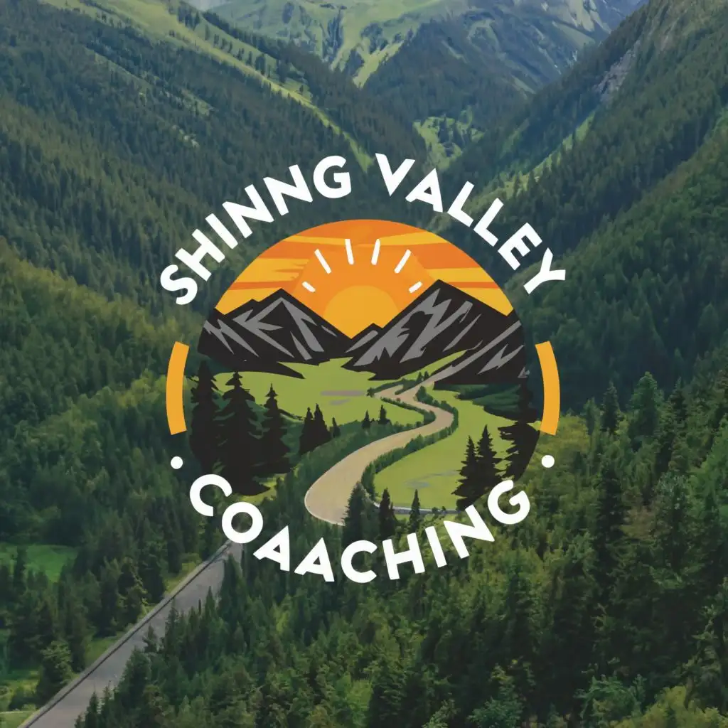 logo, Path through a valley between mountains with sun rays, with the text "Shining Valley Coaching", typography
