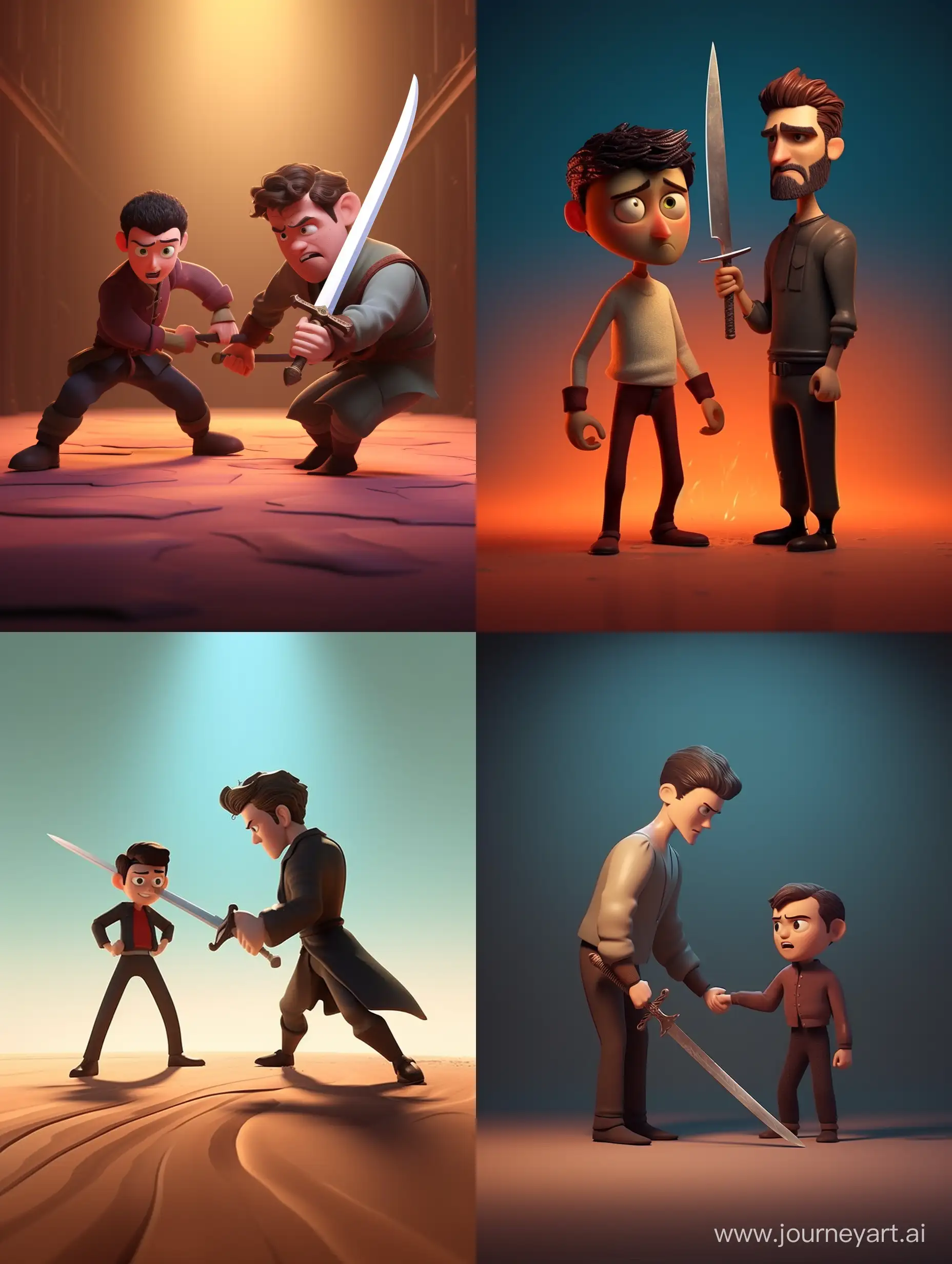 The man with the sword attacked the other man first. pixar style, 3d animation style