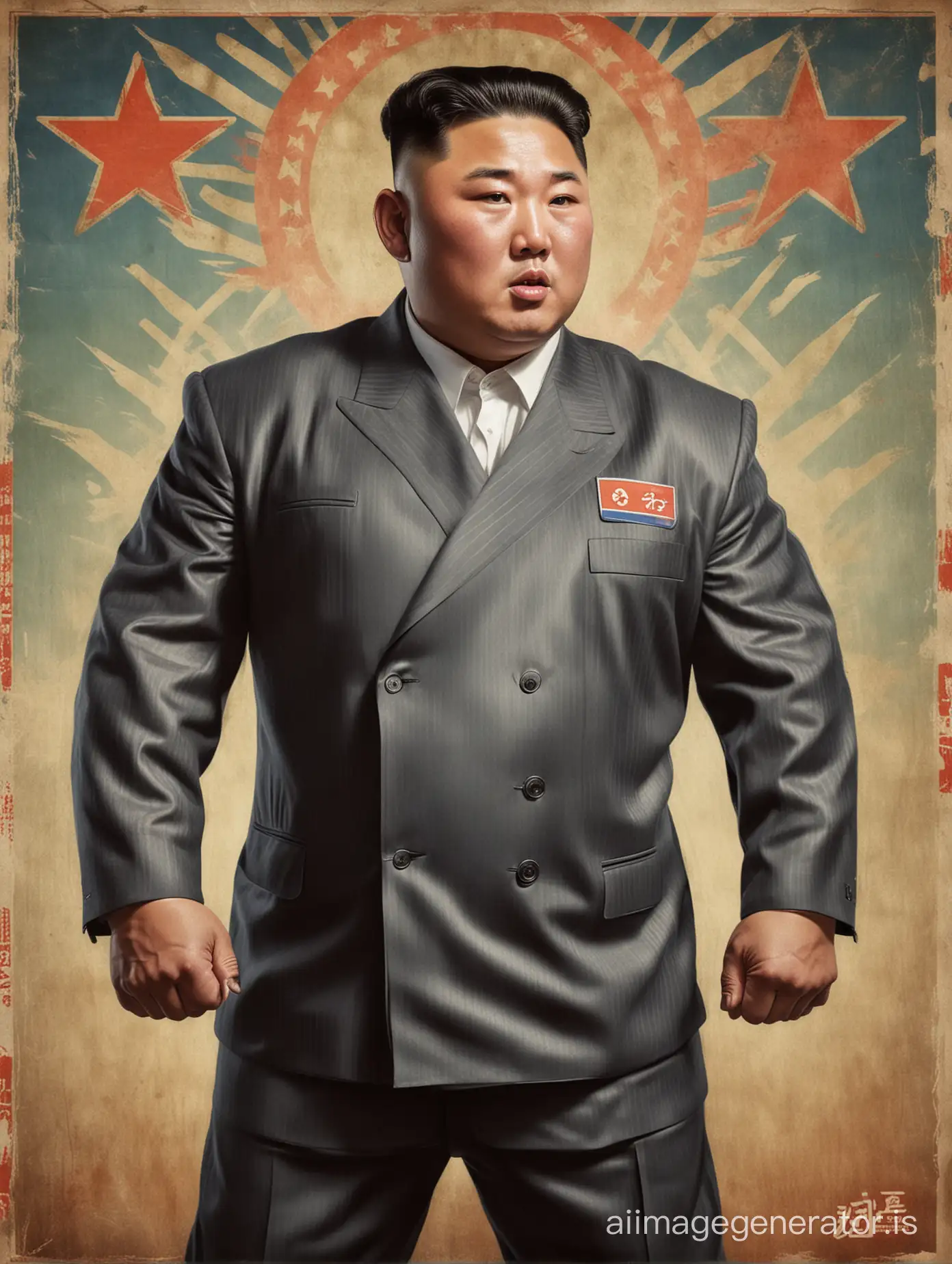 portrait of kim jong un as a powerlifting bodybuilder wearing a suit bursting seams in the style of a vintage north korean propaganda poster