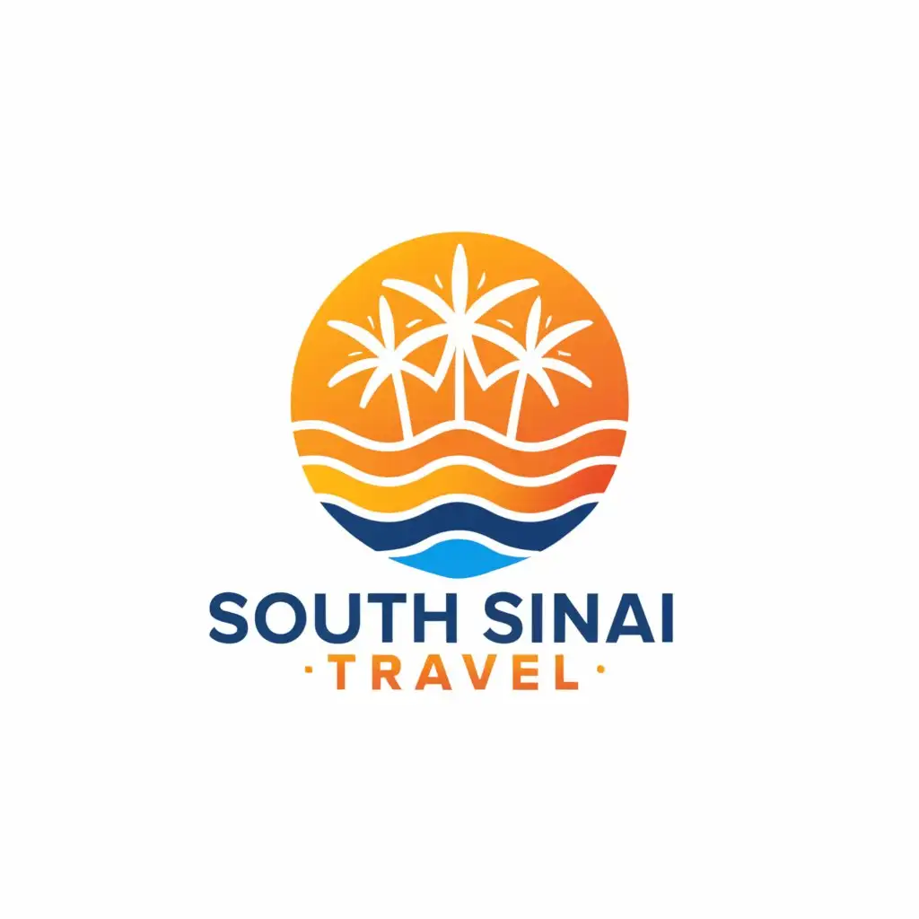 a logo design,with the text "Create vector "South Sinai Travel" . logo design featuring orange and blue only, abstract representation of sea , sun , Palm trees, design that embodies the spirit nutre, The letters are intertwined geometri shapes, white background, conceptual art", main symbol:South Sinai Travel,Moderate,be used in Travel industry,clear background
