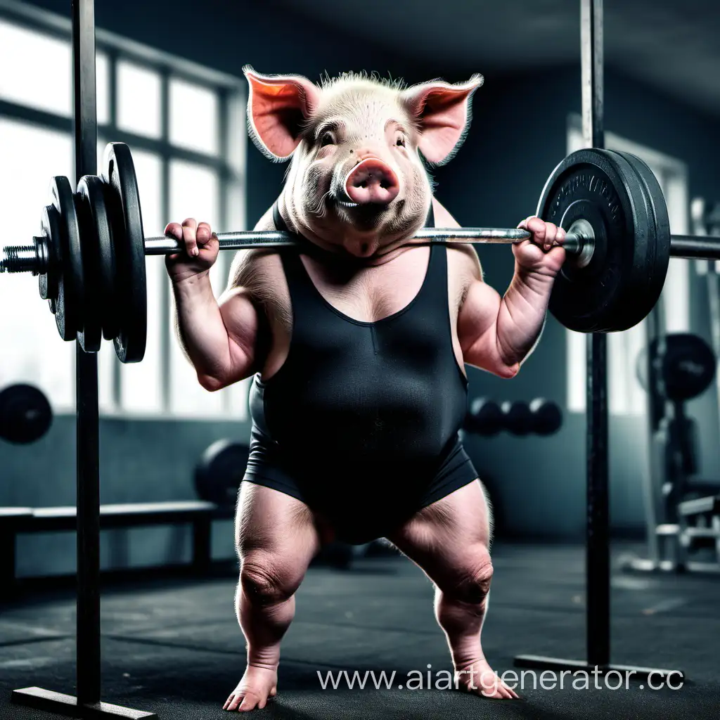 грустная спортивная свинья в спортивном костюме занимается поднятием штанги в спортзале