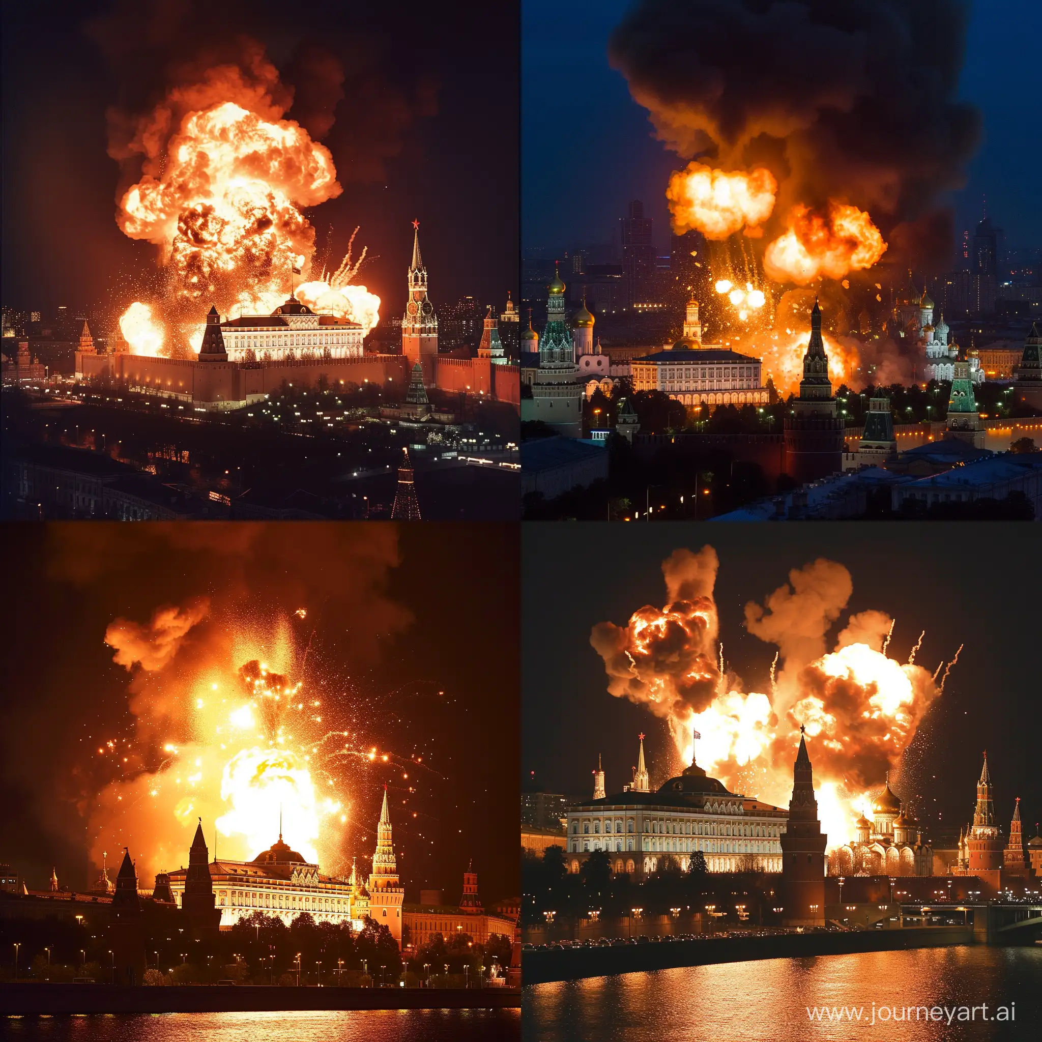 Explosion of the Kremlin in Moscow at night