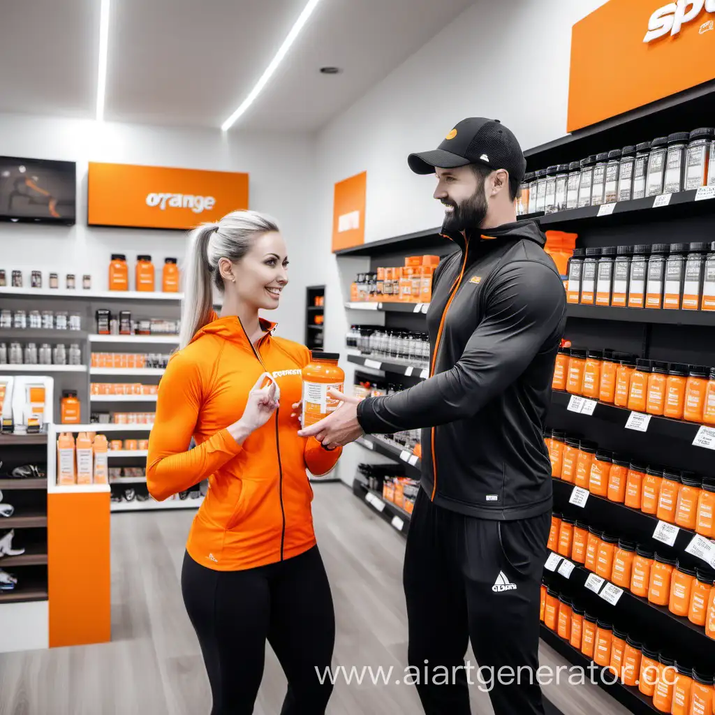 An orange sports nutrition store with a sales consultant