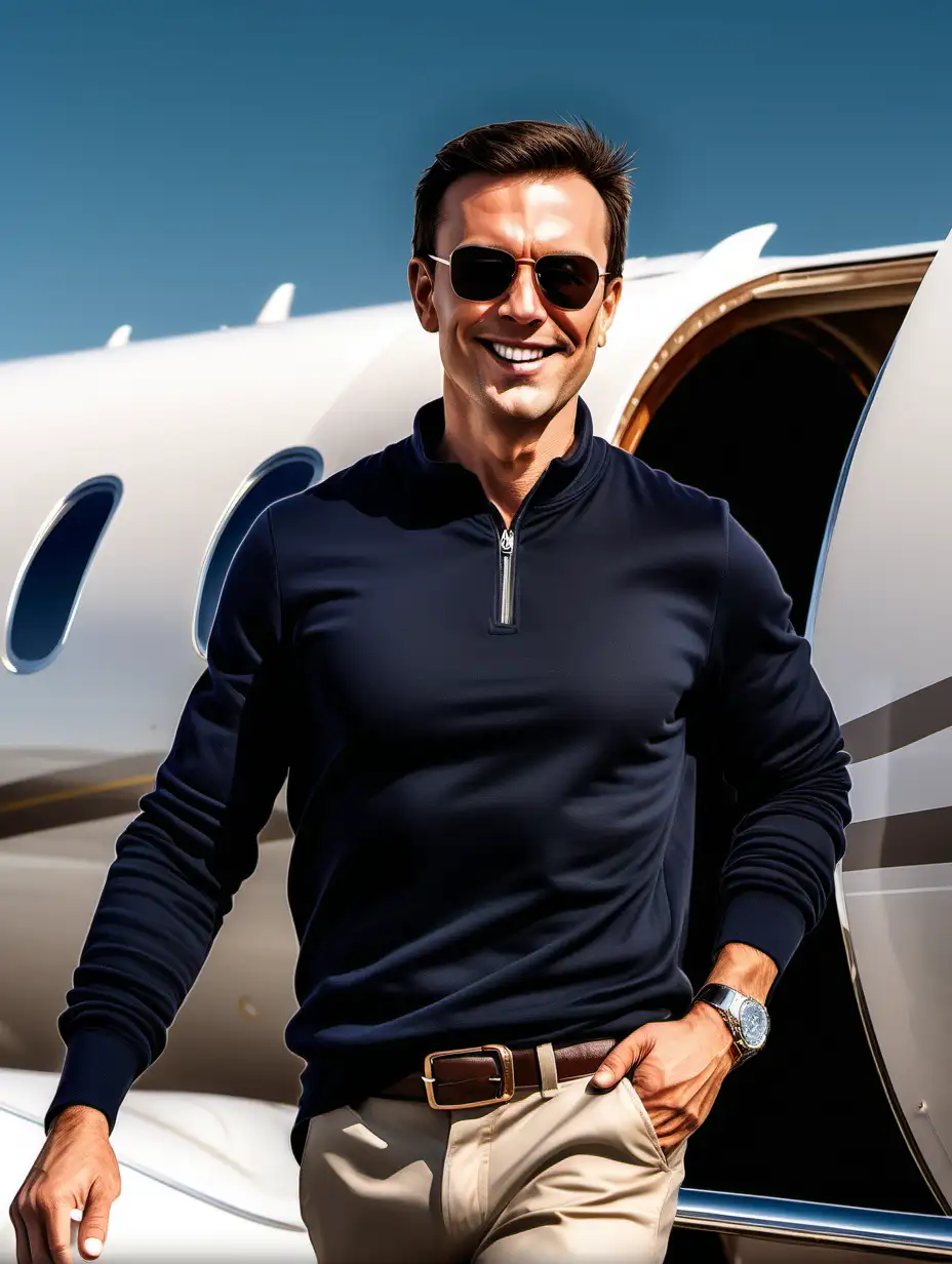 Background image of successful fit entrepreneur wearing casual clothes aboard his private jet soaring into the distance, in portrait to fit iPhone screen.