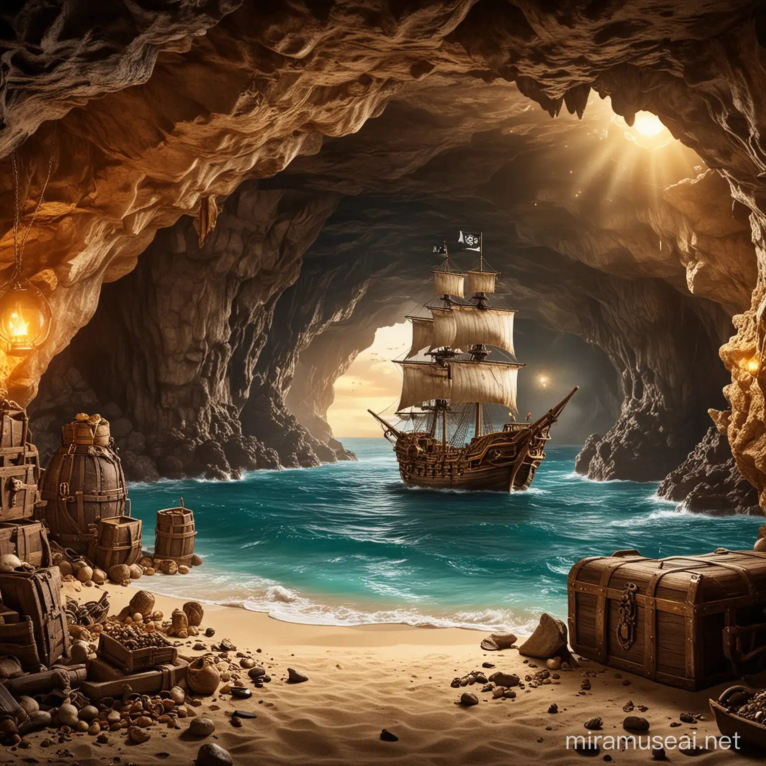 Exploring a Pirate Cave with Treasure and Ship in Background