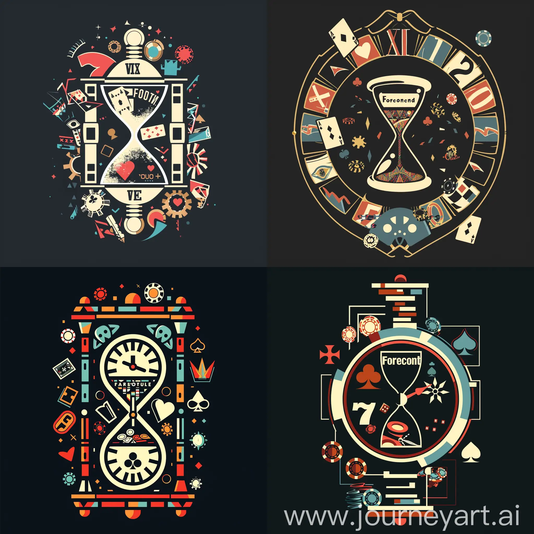 Clock or hourglass design with "Forgotten" inside, featuring gaming symbols and a contrasting color palette.