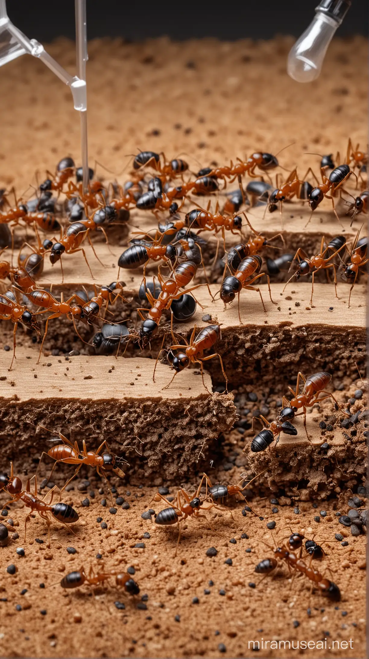 "Playback of queen ant's sound to worker ants" image: A laboratory scene where the sound produced by a queen ant is played back to worker ants in an experiment conducted by scientists. The scene includes equipment surrounding the ants and an environment where scientists listen attentively.

