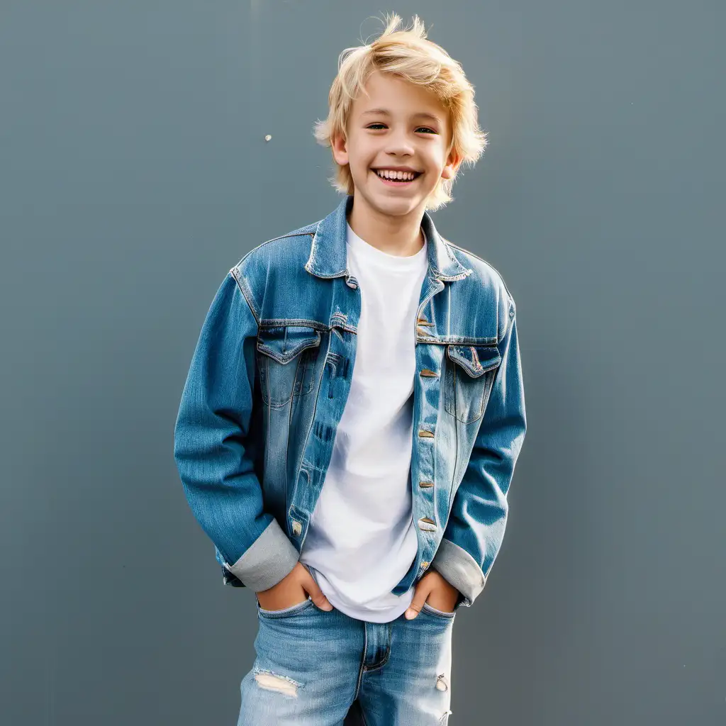 Smiling Boy in Casual Attire with Blonde Hair and Jean Jacket