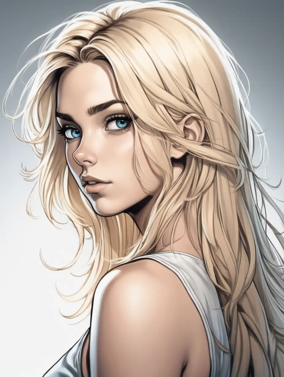 Beautiful Nordic woman, very attractive face, detailed eyes, big breasts, slim body, messy blonde hair, close up, facing away from camera, looking back over her shoulder, stylized comic style