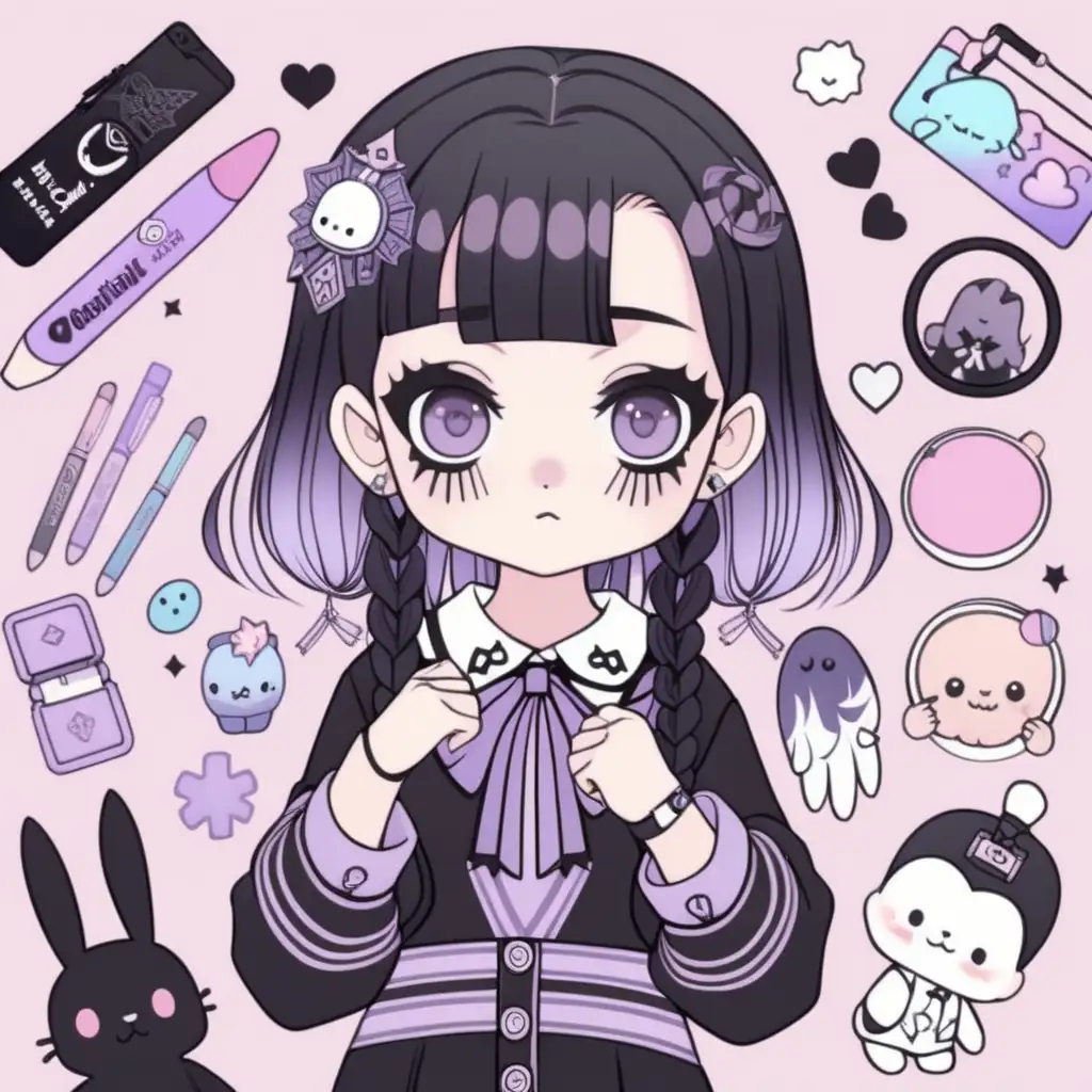 Kawaii Anime Celestial Spirit Wednesday Addams in Pastel Goth