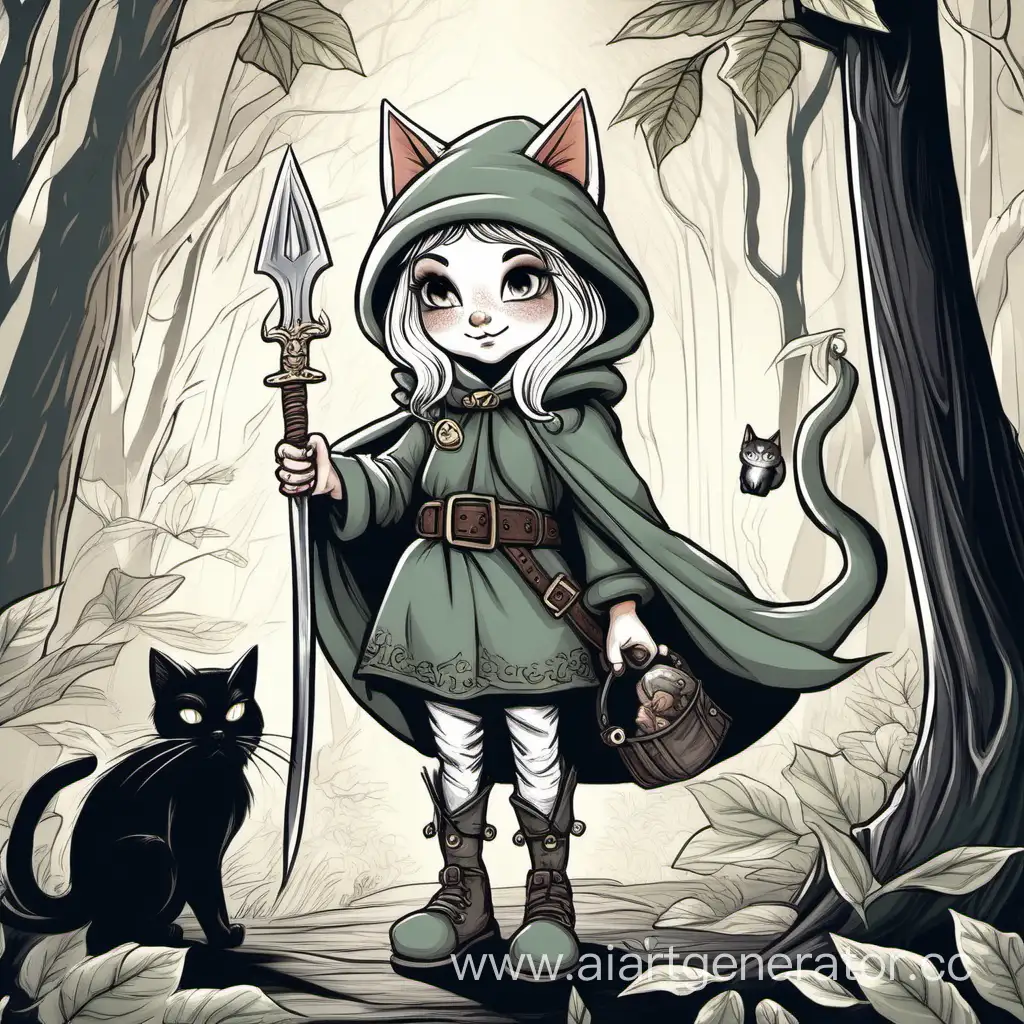 Гном девушка эльф в плаще с маленьким кинжалом на поясе  и котом на её шее на фоне леса. 