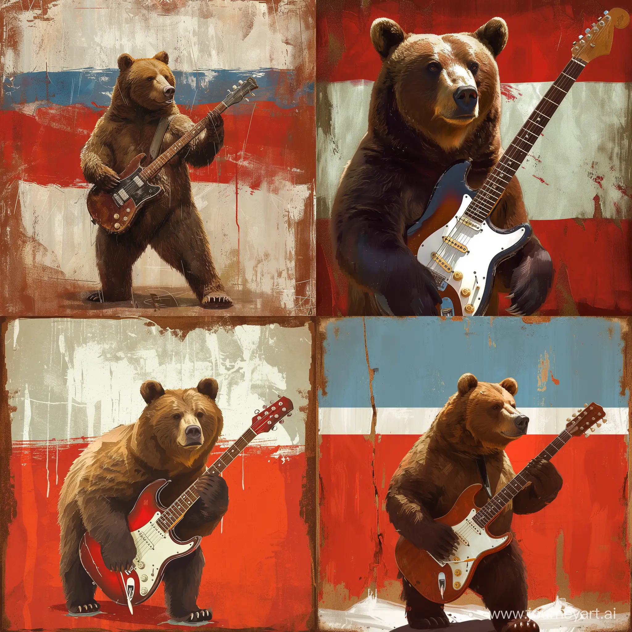 A brown bear with an electric guitar stands against the background of the flag of Karelia, digital art