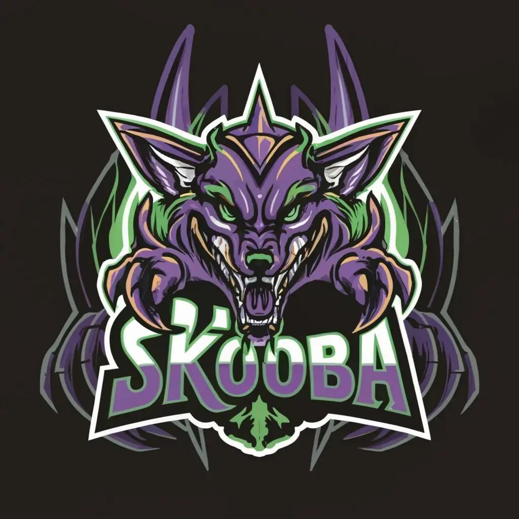 a logo design,with the text "SkooBa___", main symbol:A dragon/ A wolf/ green/ purple/ an axe,complex,clear background