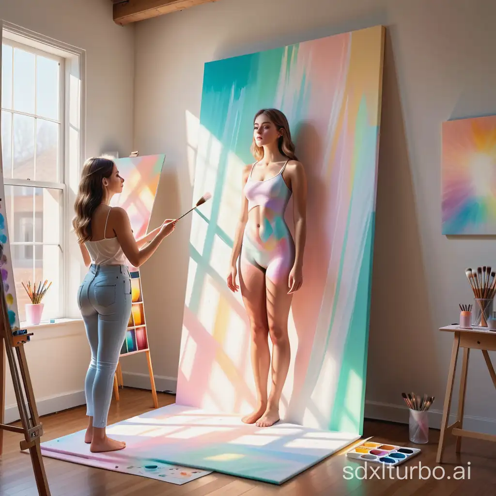 Create an image of  young woman emerging from a life-size art canvas in three dimensions. She is being painted by another young woman in beautiful pastel colors. Set it in an art studio with sunlight filtering through the windows and art supplies scattered about