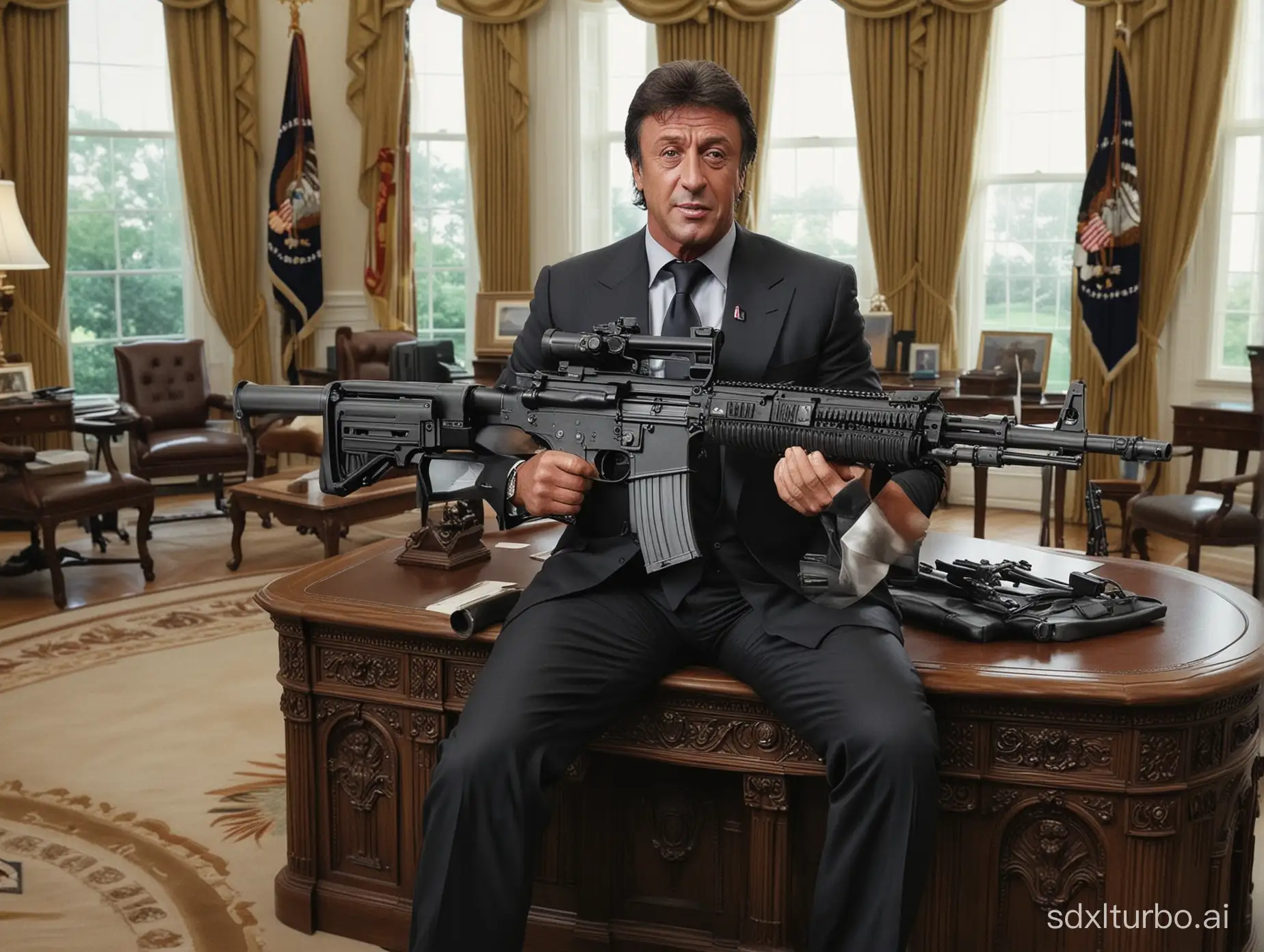 Arnold Sylvestre Stallone's Rambo as president sitting in the oval office of the Whitehouse he is holding a 50 calibre machine gun rendered as an extremely photo realistic imaging.