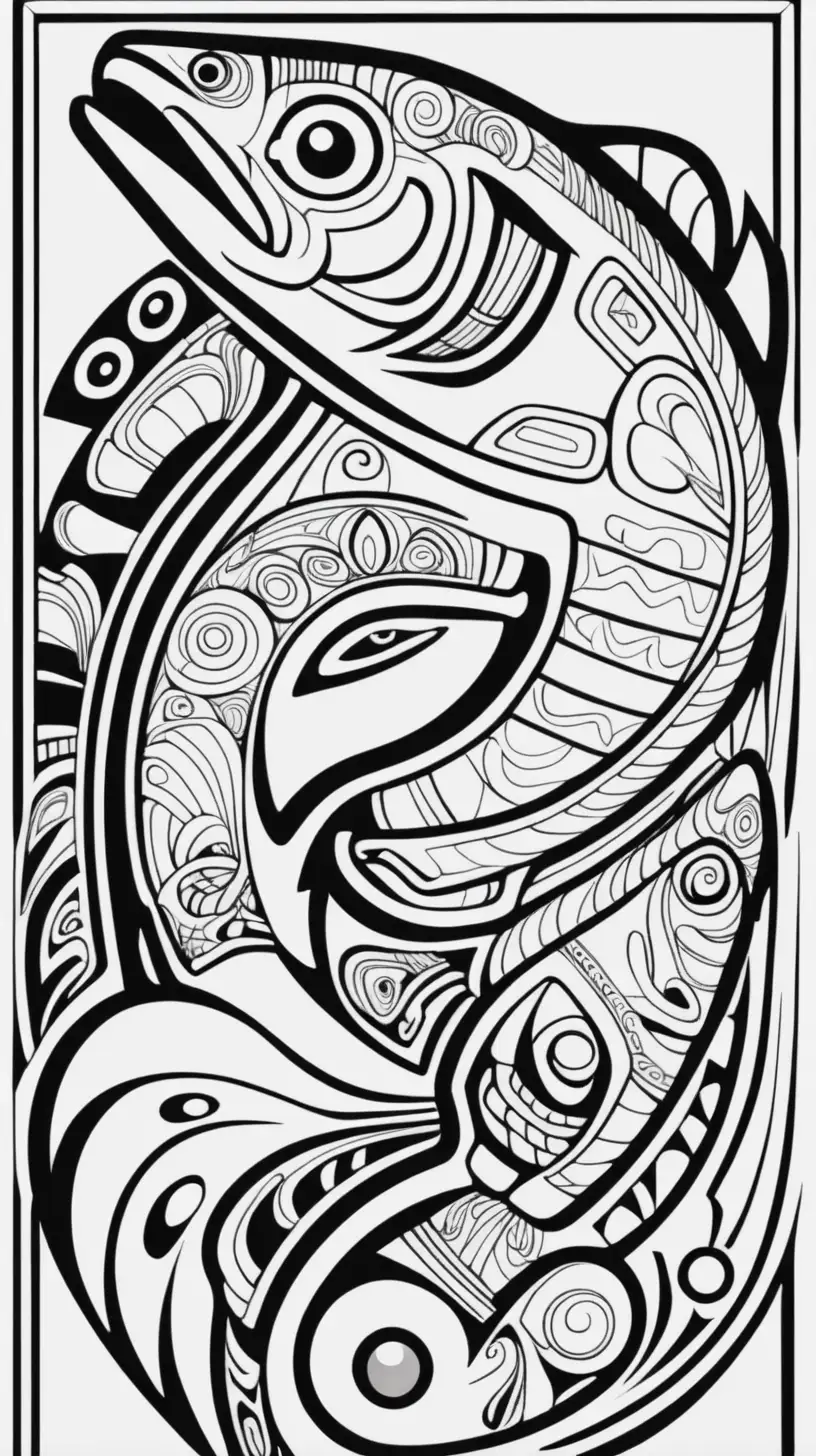 Salmon totem symbolizing determination and perseverance, inspired by the Tlingit tribe, coloring book image, clean thick black lines