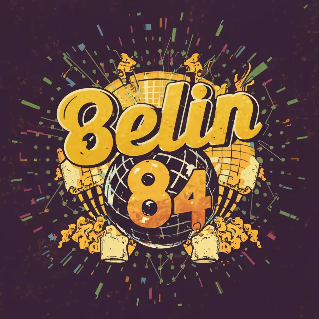 a logo design,with the text "Belin 84", main symbol:Belin 84 text disco style
background: a phographic polka party with beers and fries and dancing people