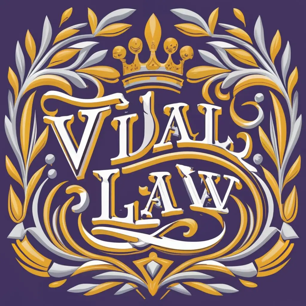 logo, fleur de lis that morphs into the scales of justice, royalty, with the text "Vidal Law", typography, modern font, elegant
